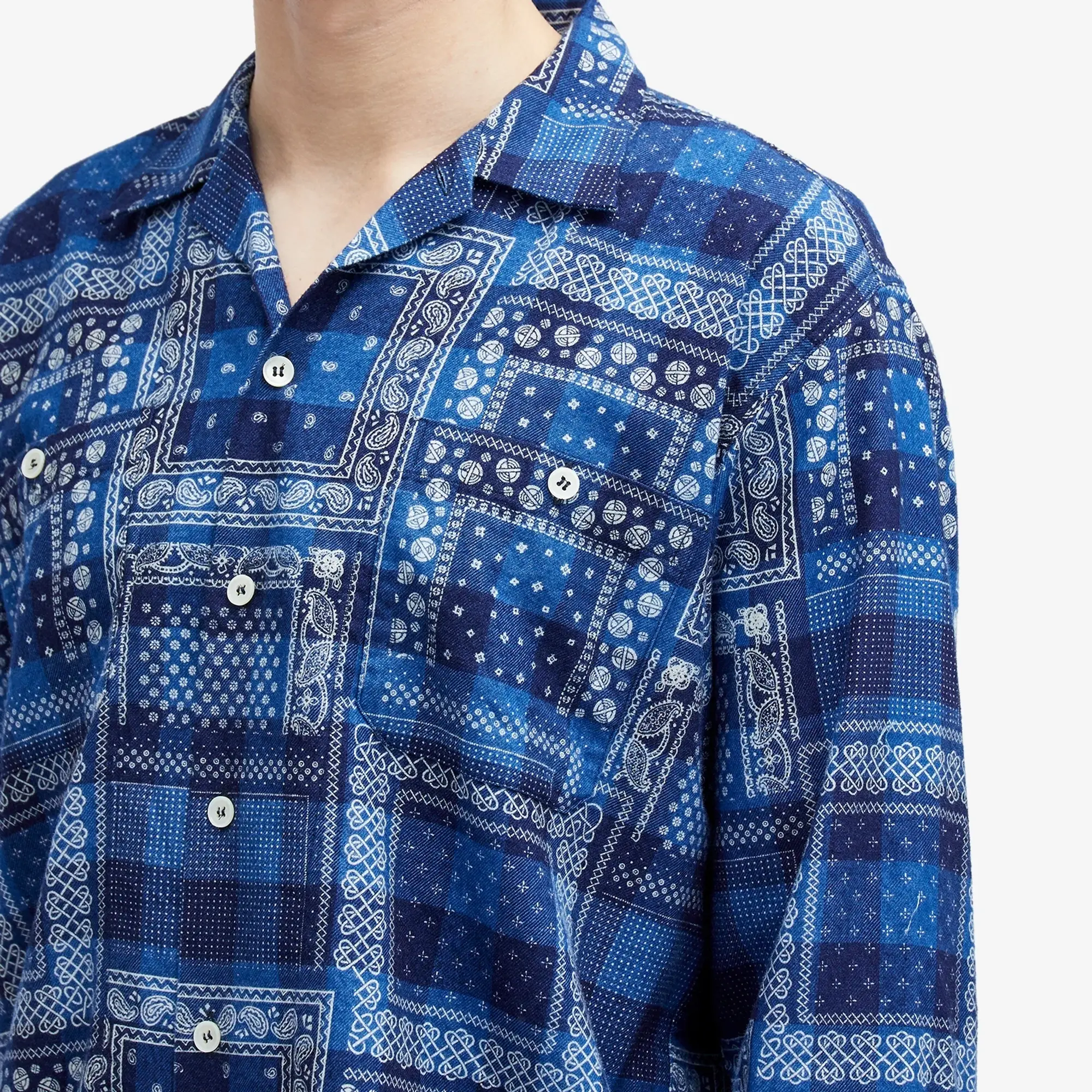 Beams Plus Men's Open Collar Print Shirt Indigo