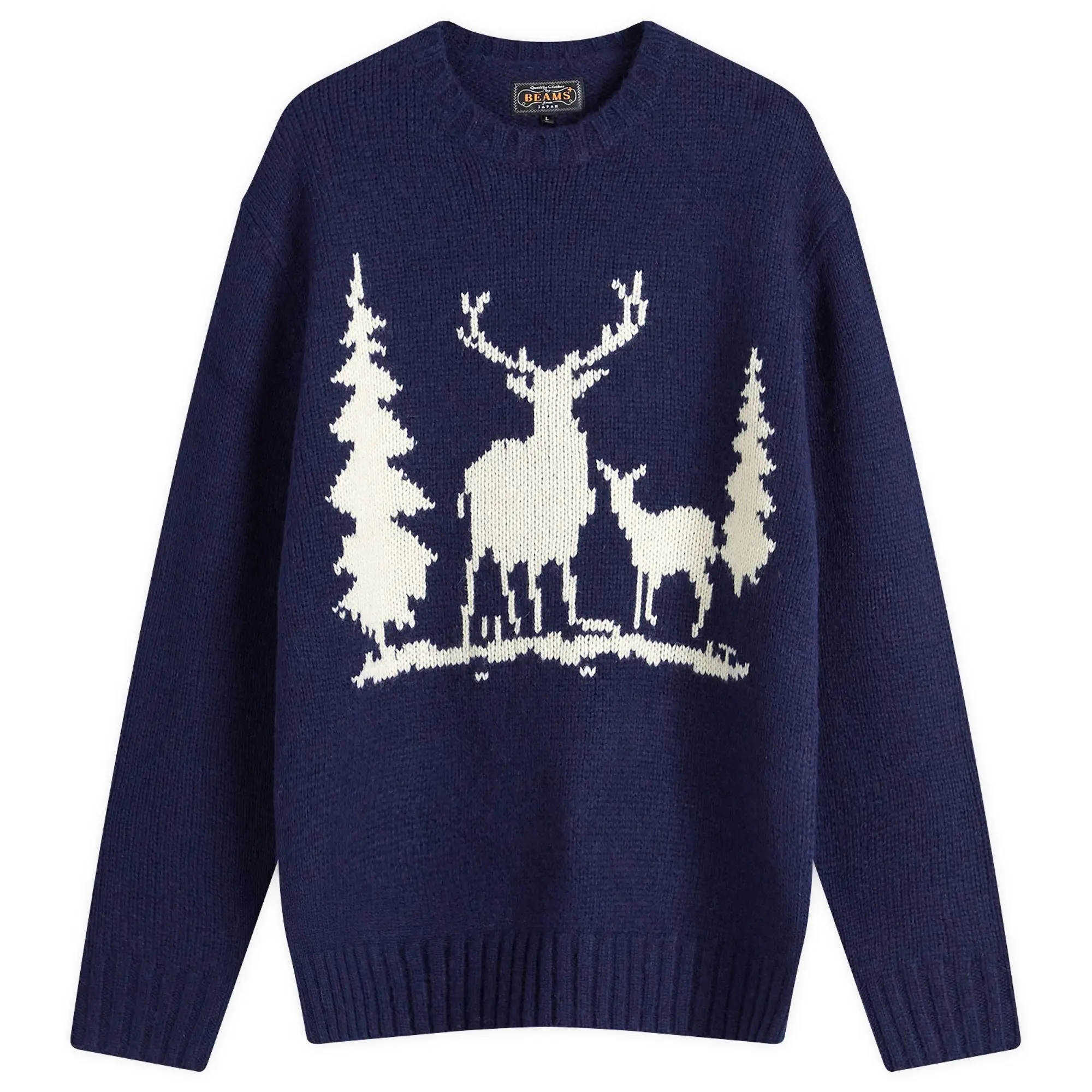 Beams Plus Men's Intarsia Stag Jumper Navy