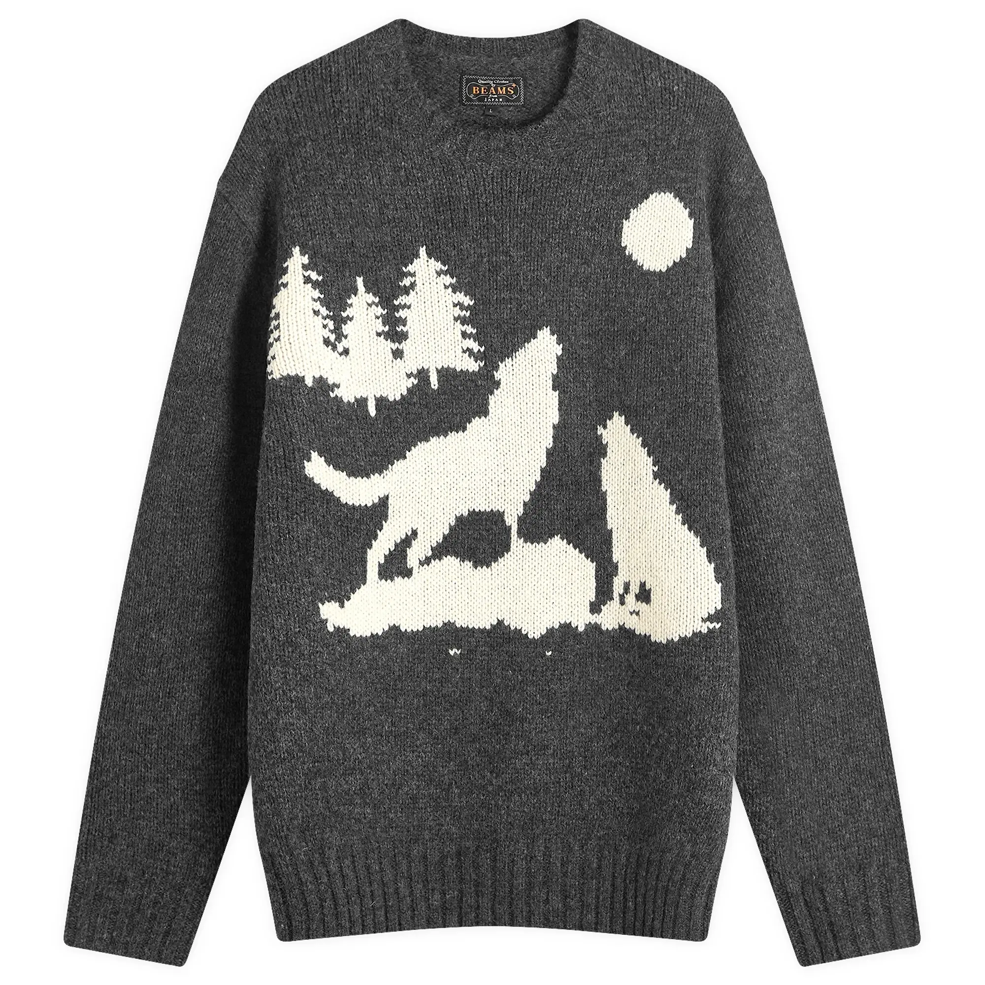 Beams Plus Men's Intarsia Wolf Jumper Charcoal