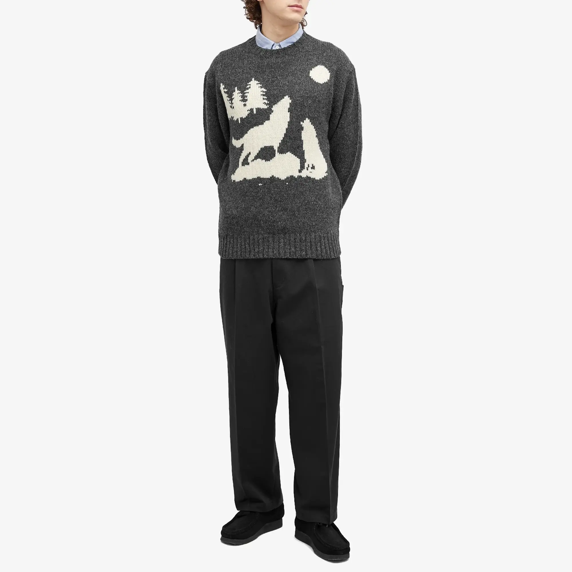 Beams Plus Men's Intarsia Wolf Jumper Charcoal