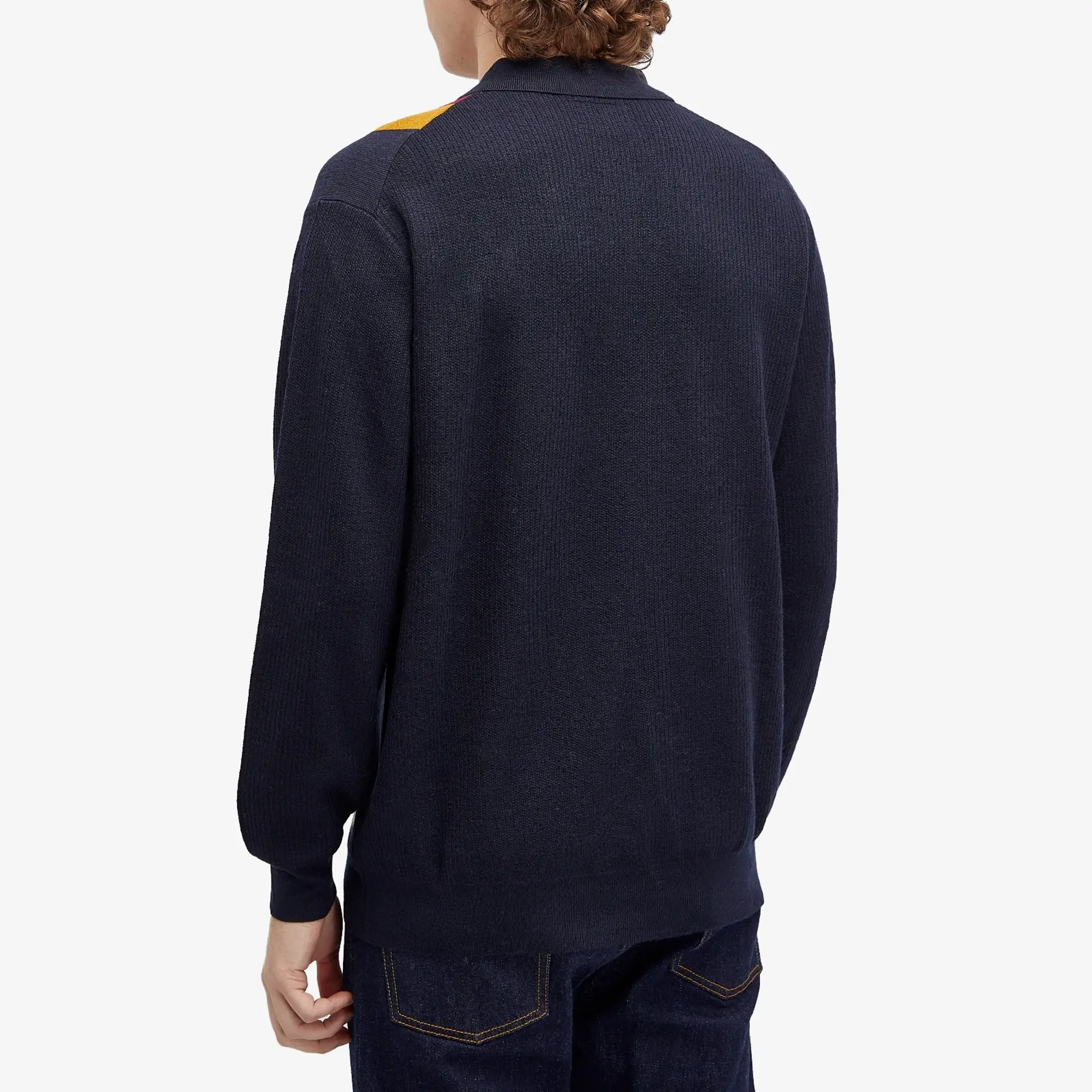 Beams Plus Men's Long Sleeve Stripe Knit Polo Navy