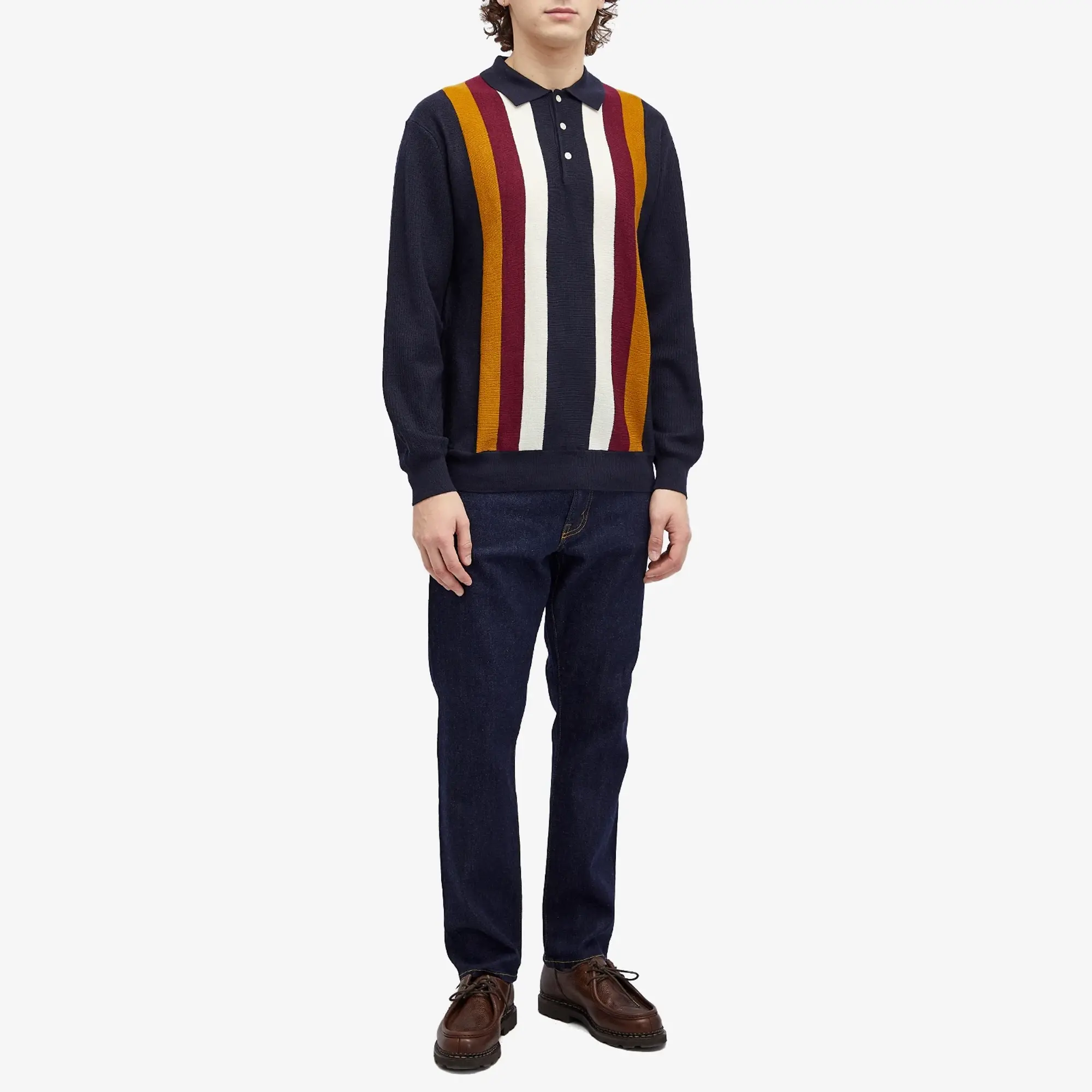 Beams Plus Men's Long Sleeve Stripe Knit Polo Navy