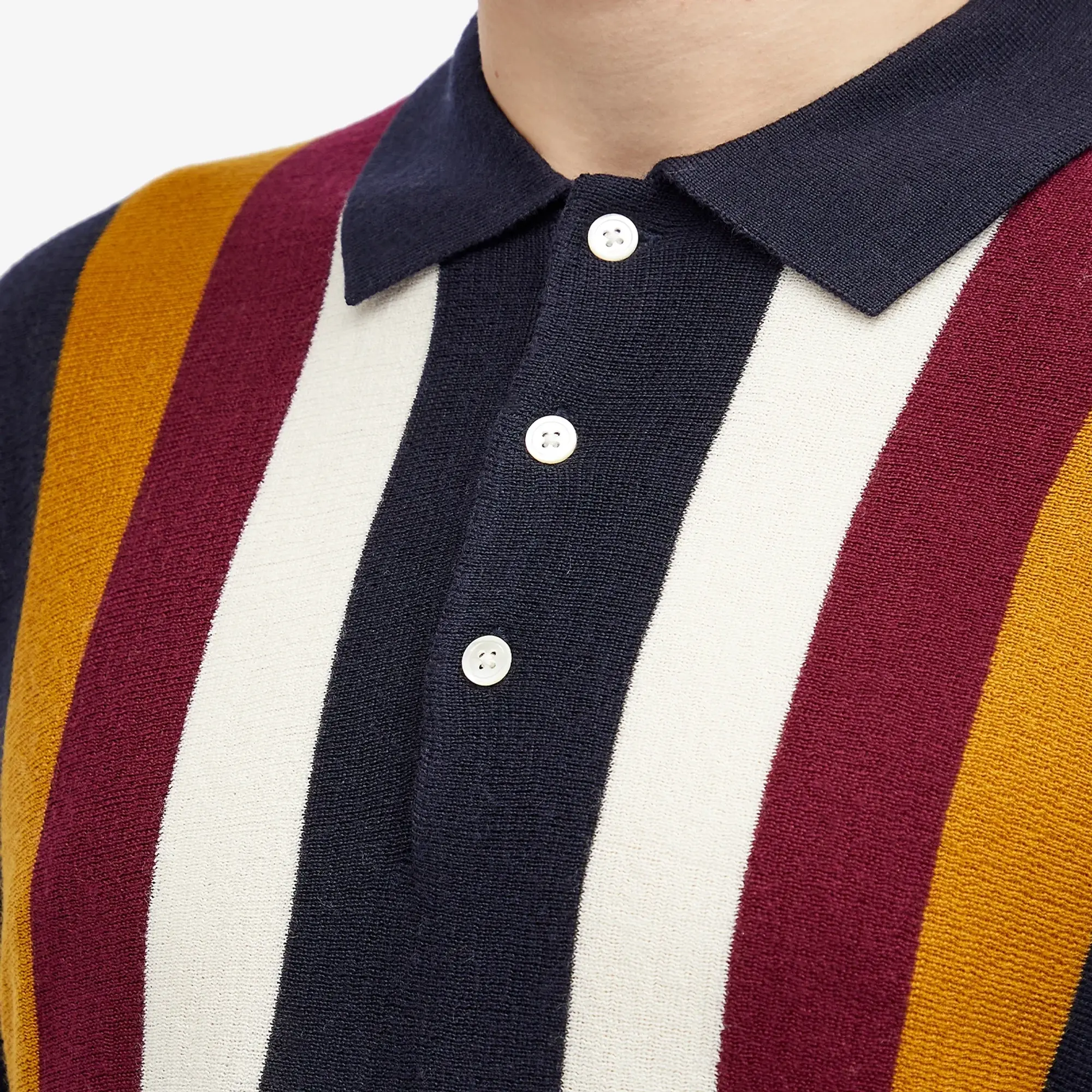Beams Plus Men's Long Sleeve Stripe Knit Polo Navy