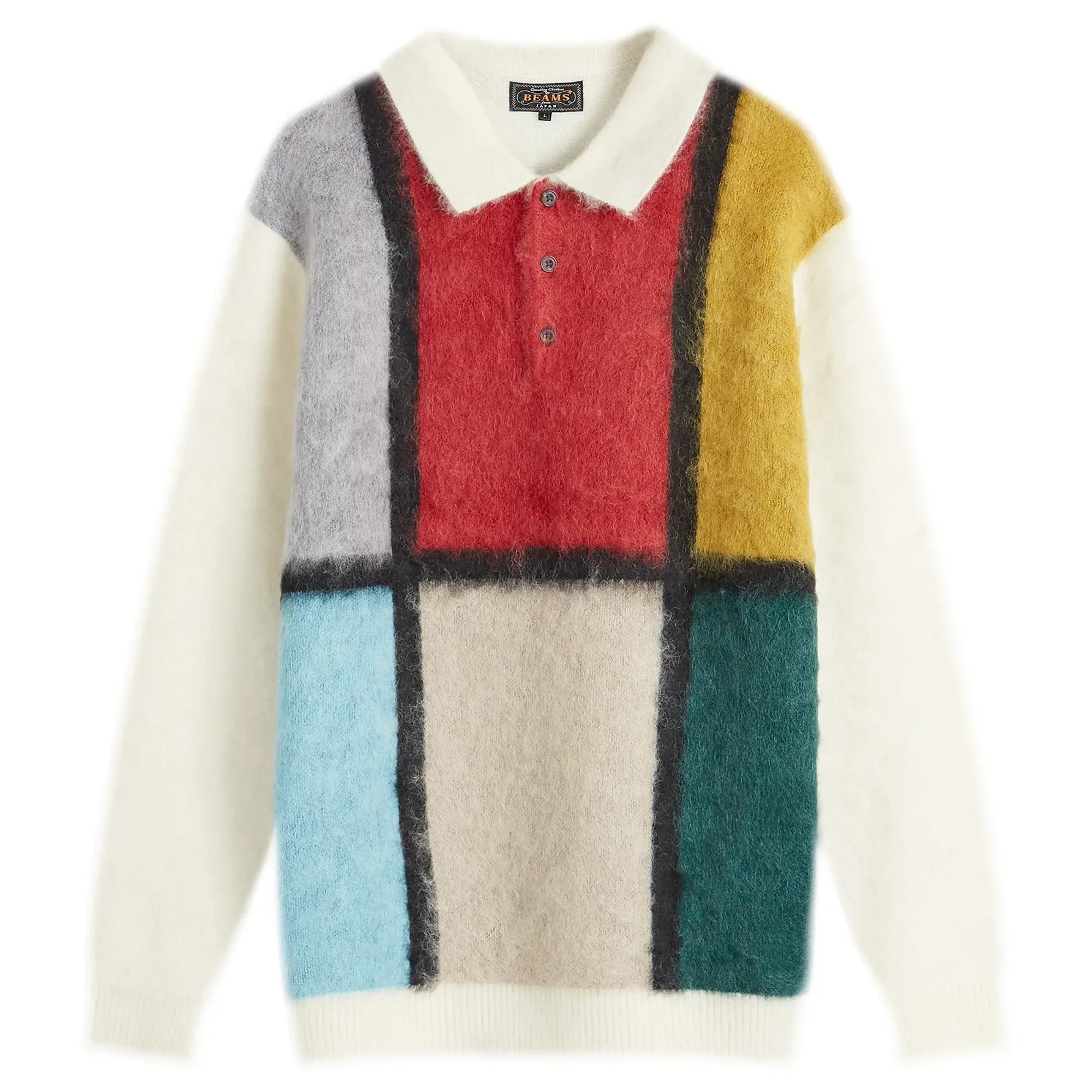Beams Plus Men's Long Sleeve Colour Block Knit Polo White