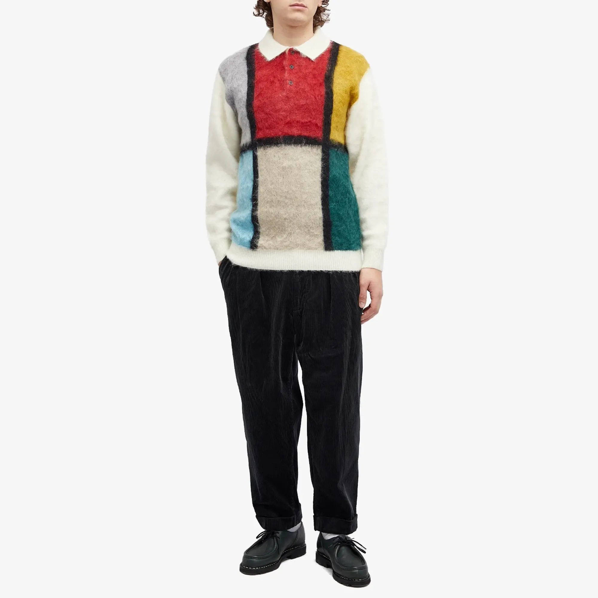 Beams Plus Men's Long Sleeve Colour Block Knit Polo White