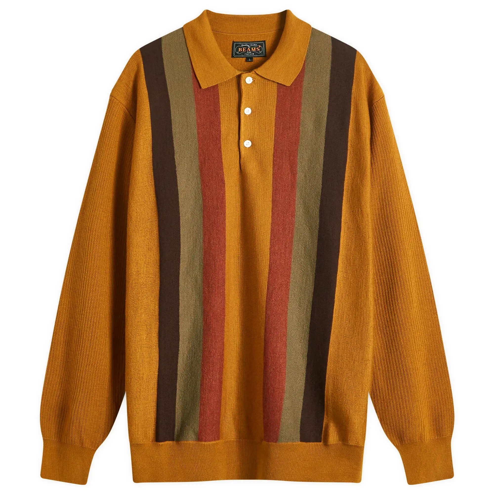 Beams Plus Men's Long Sleeve Stripe Knit Polo Mustard