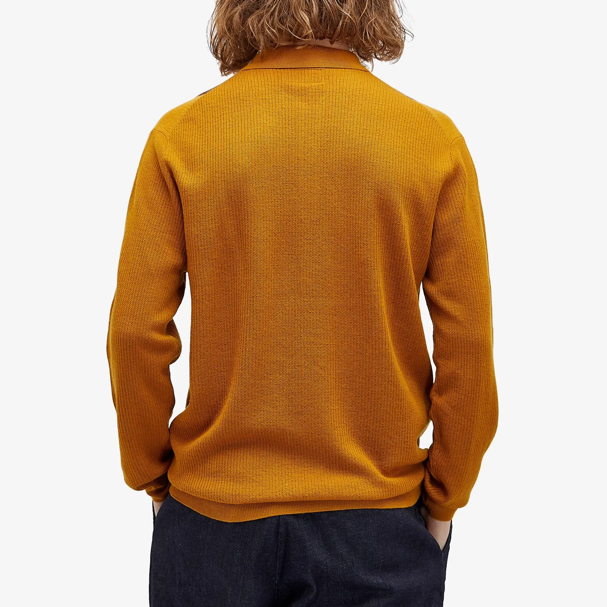 Beams Plus Men's Long Sleeve Stripe Knit Polo Mustard