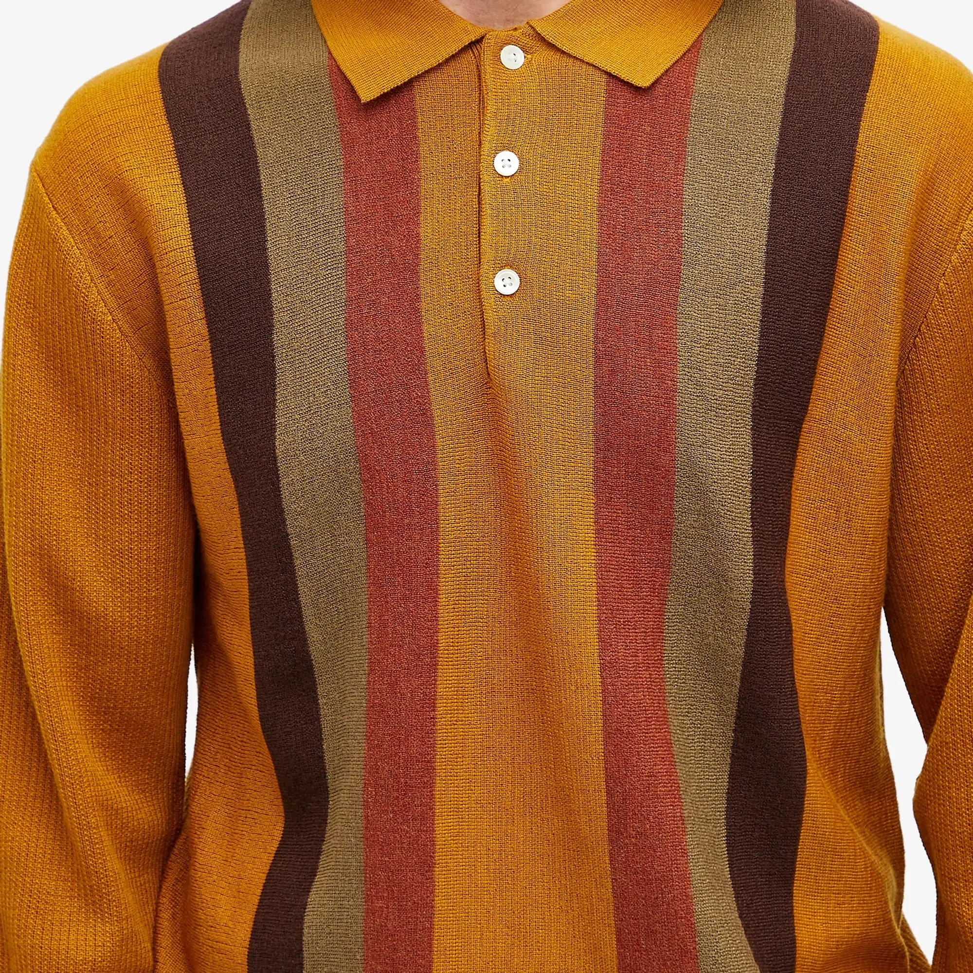 Beams Plus Men's Long Sleeve Stripe Knit Polo Mustard