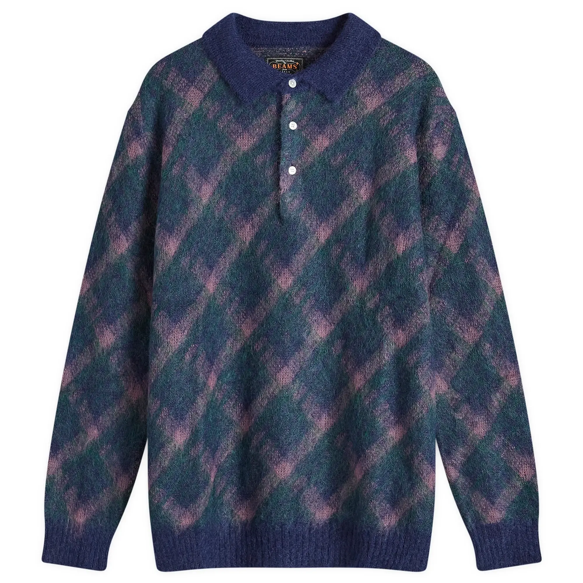 Beams Plus Men's Long Sleeve Jacquard Knit Polo Navy