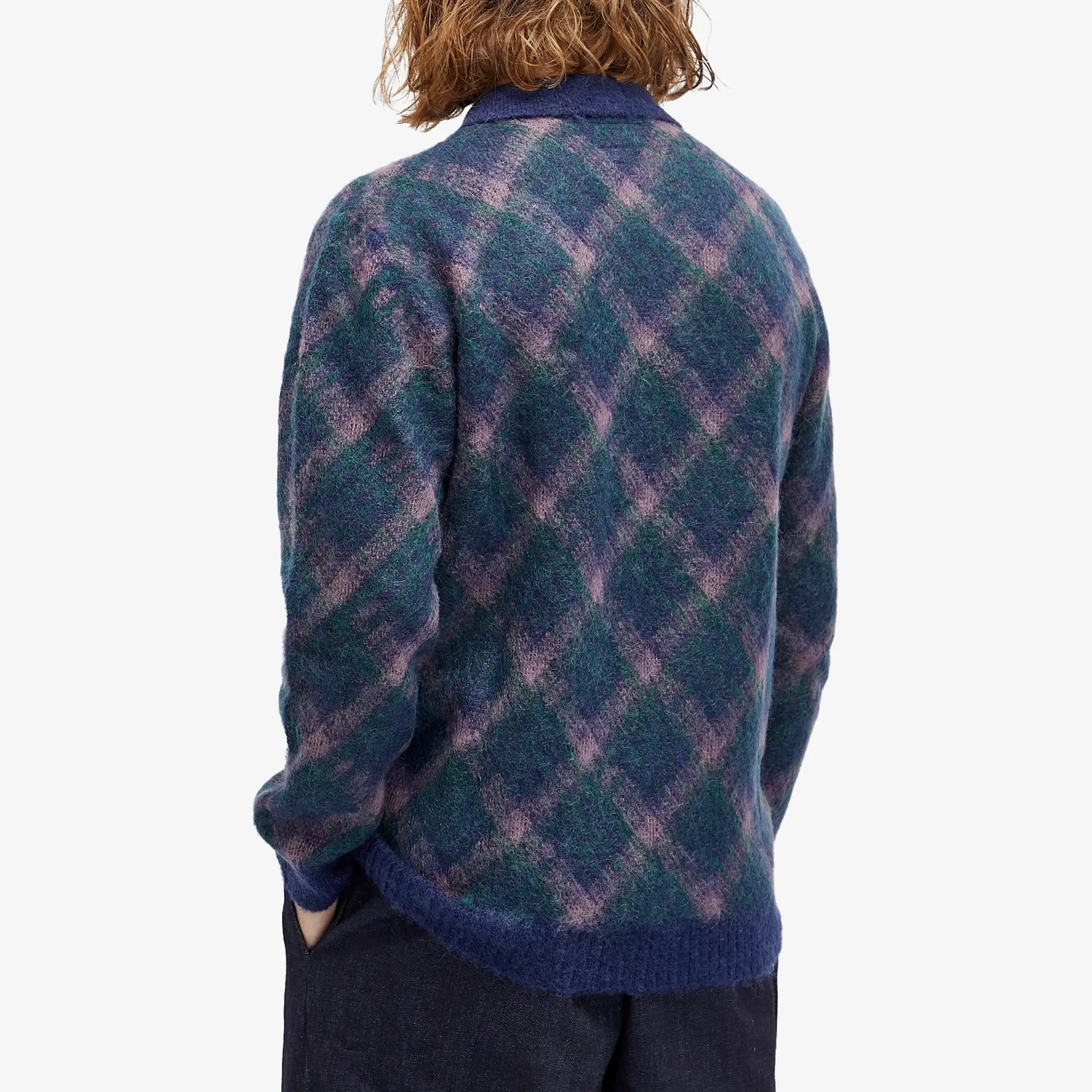 Beams Plus Men's Long Sleeve Jacquard Knit Polo Navy
