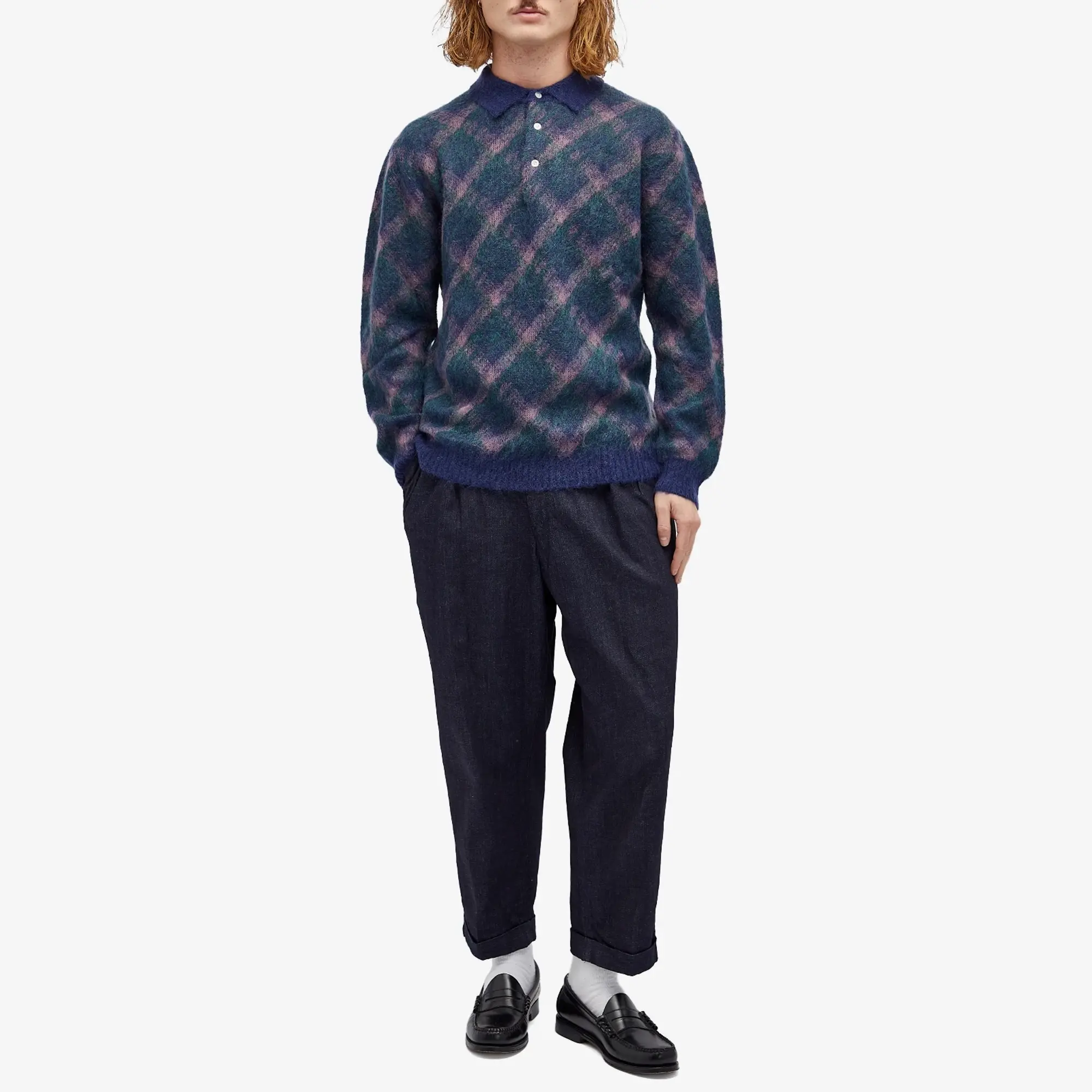 Beams Plus Men's Long Sleeve Jacquard Knit Polo Navy