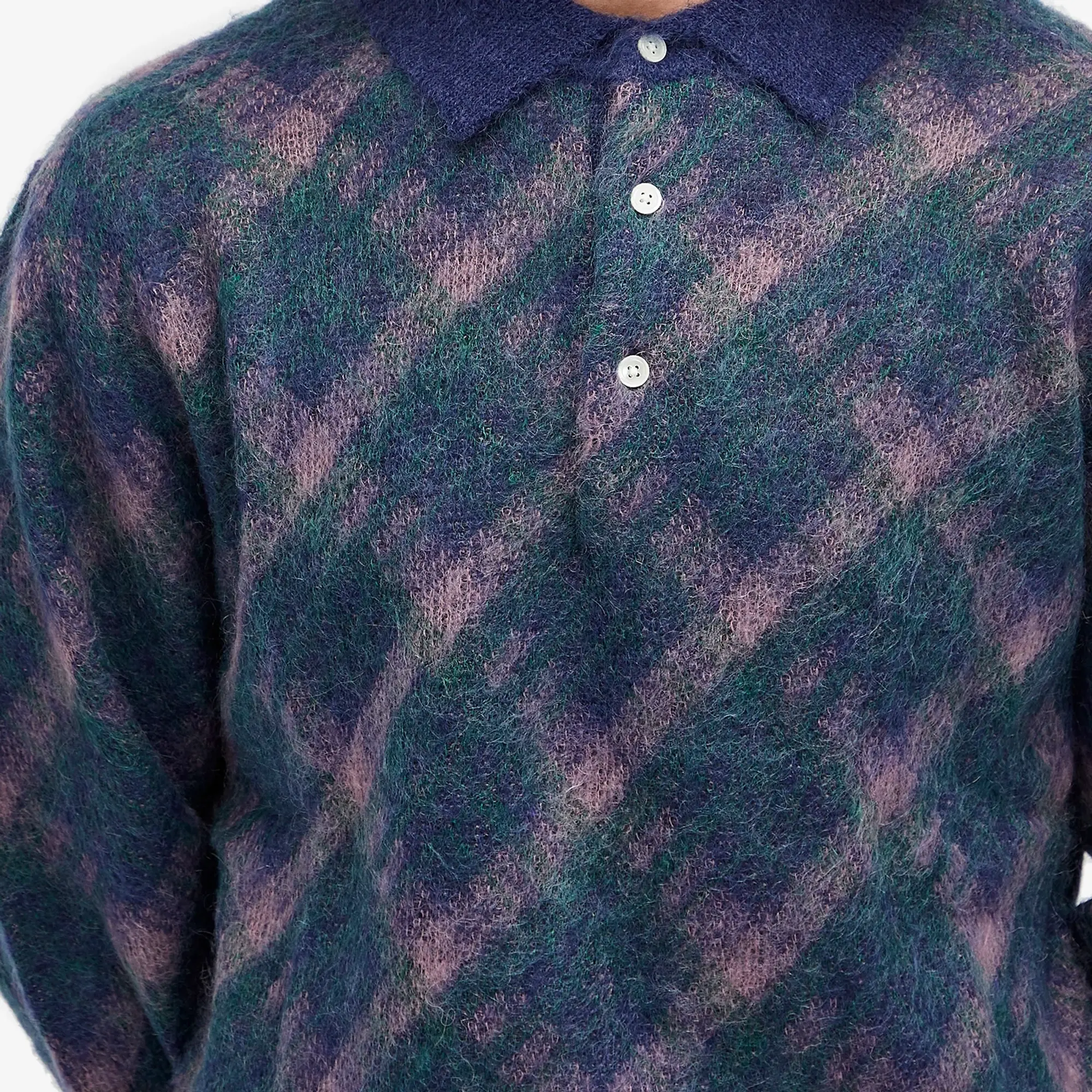 Beams Plus Men's Long Sleeve Jacquard Knit Polo Navy