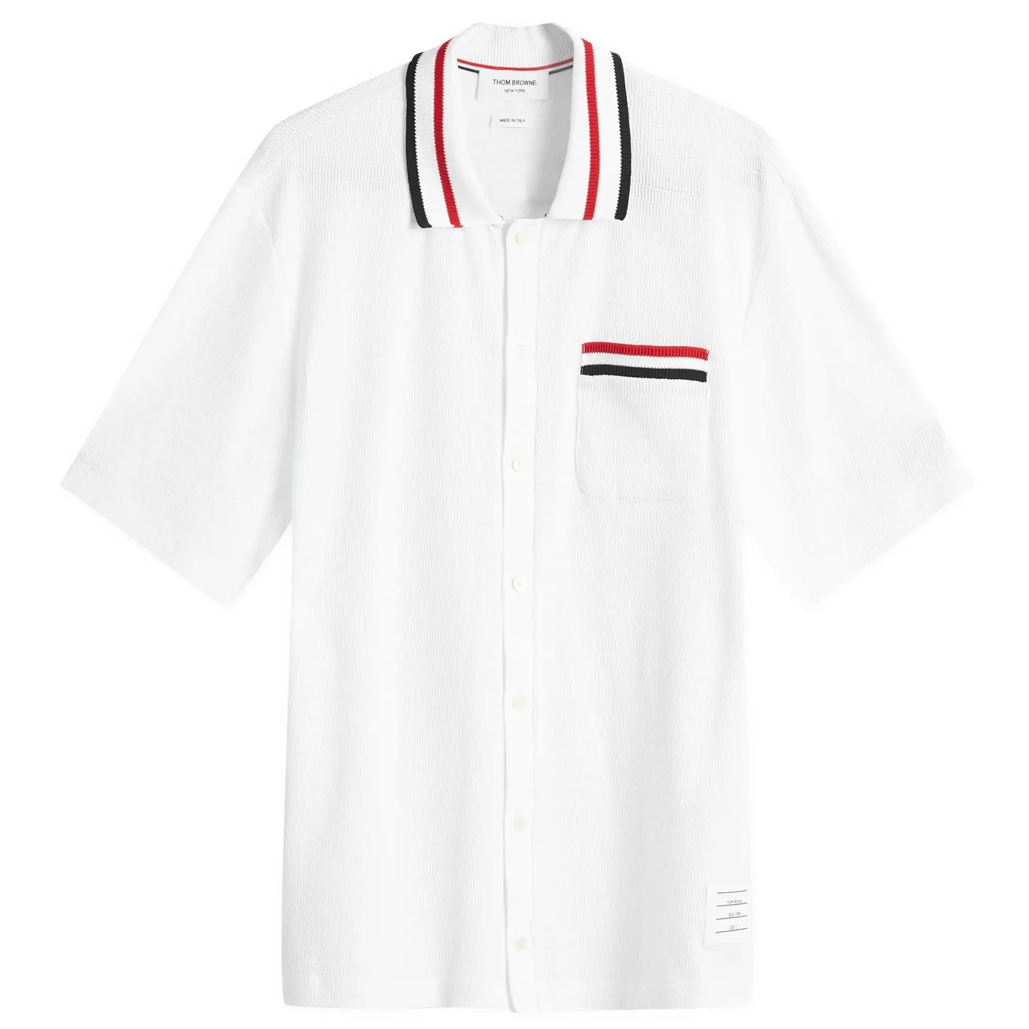 Thom Browne Men's Stripe Tipped Textured Button Through Polo White