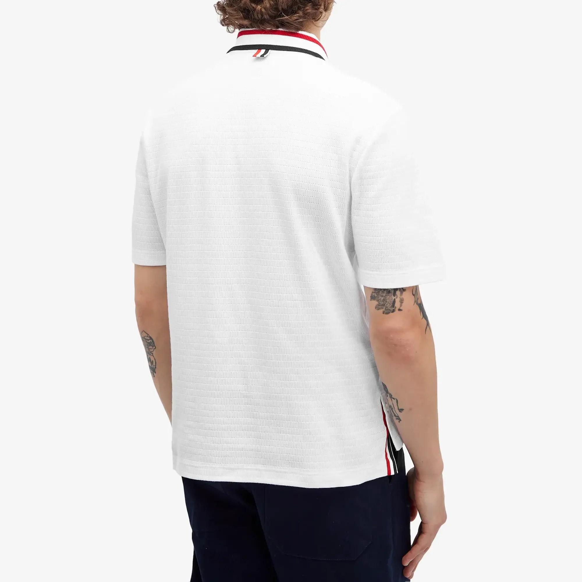 Thom Browne Men's Stripe Tipped Textured Button Through Polo White