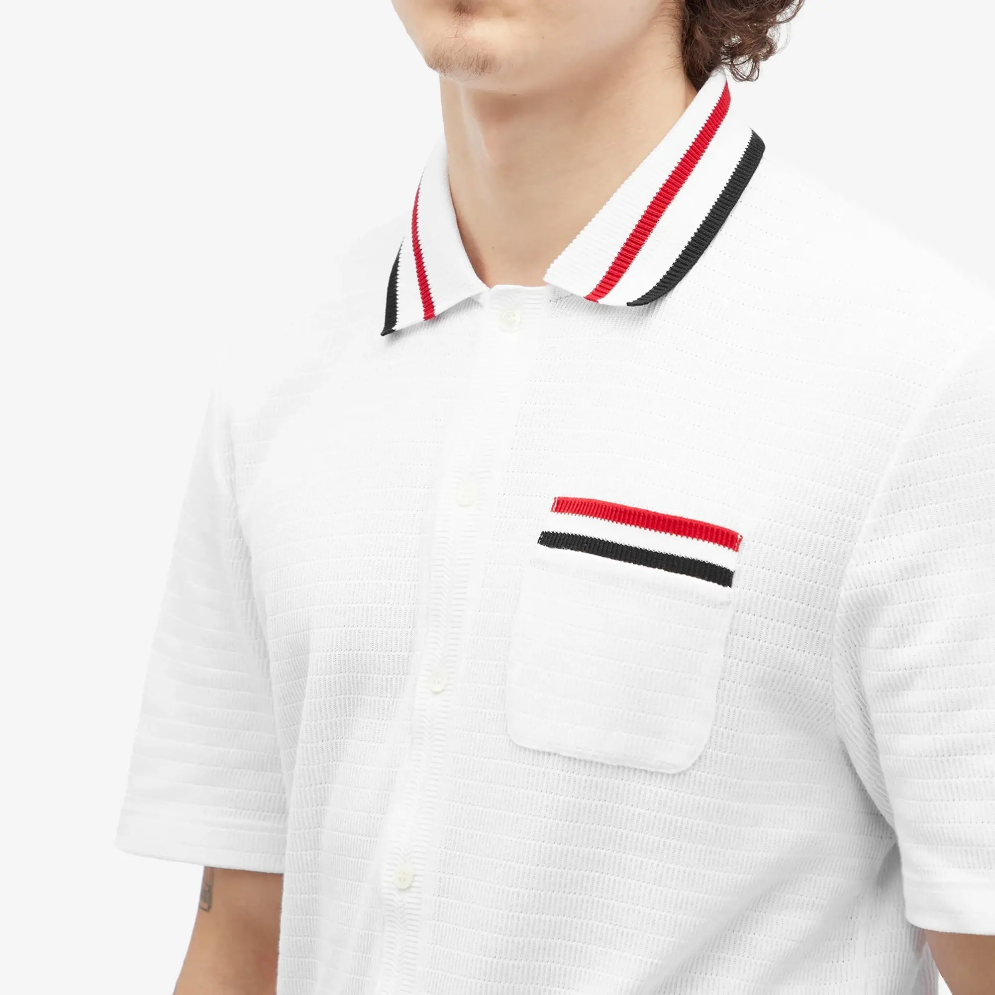 Thom Browne Men's Stripe Tipped Textured Button Through Polo White