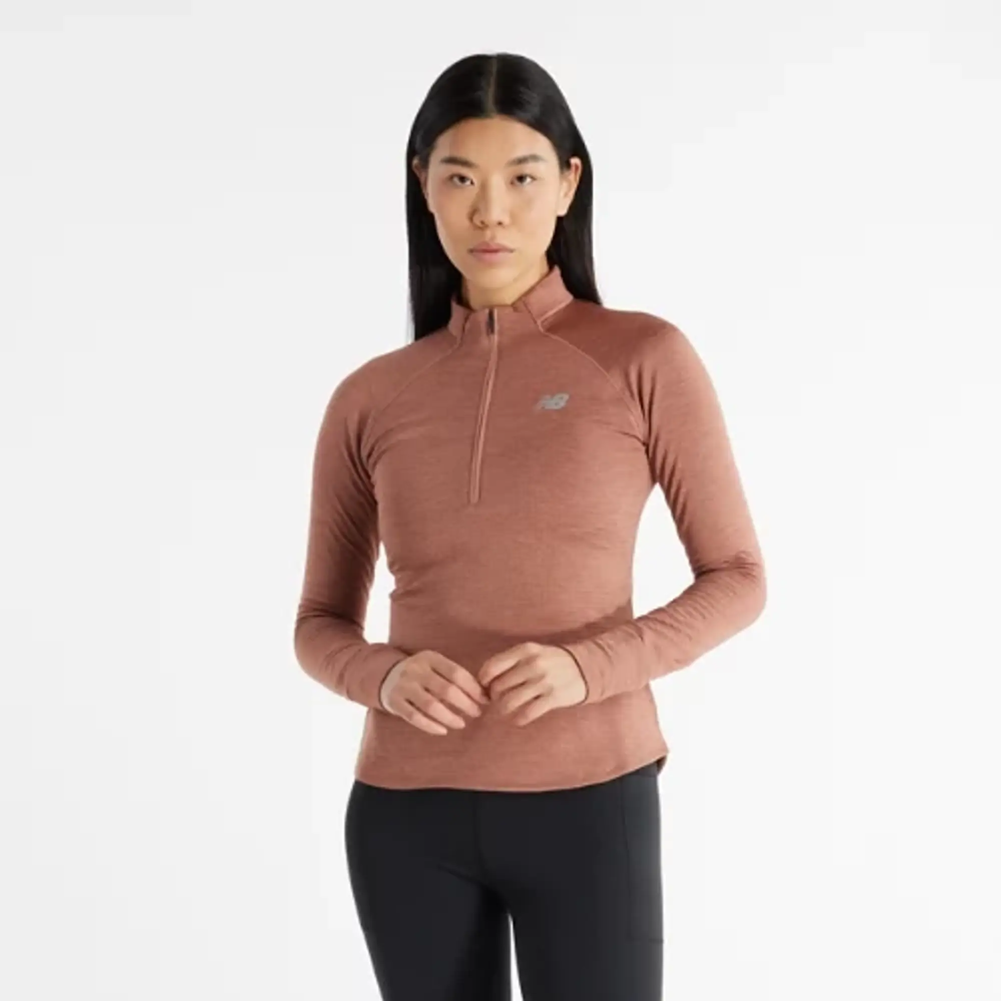 New Balance Women's Athletics Heat Grid 1/2 Zip in Brown Poly Knit