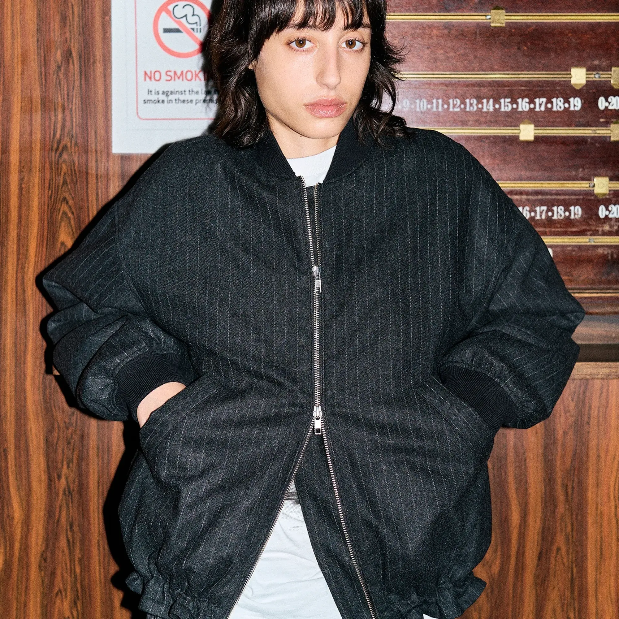 END. x YMC Basement Bomber Pewter Chalkstripe