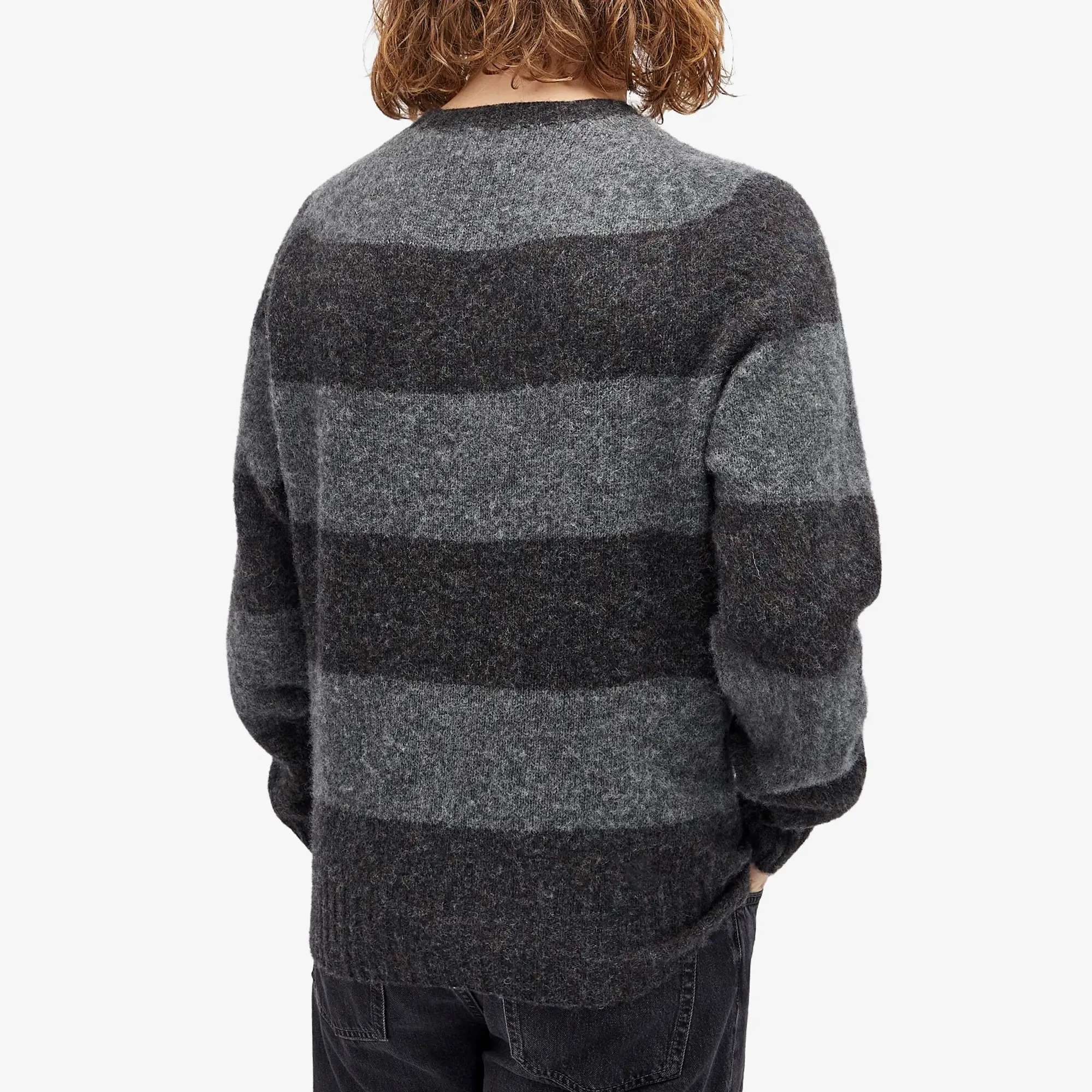 YMC Men's Suedehead Knit Jumper Grey Stripe