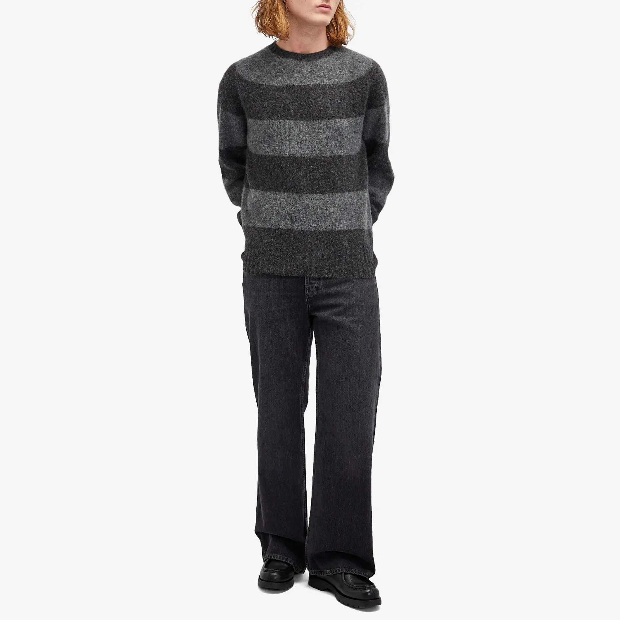YMC Men's Suedehead Knit Jumper Grey Stripe