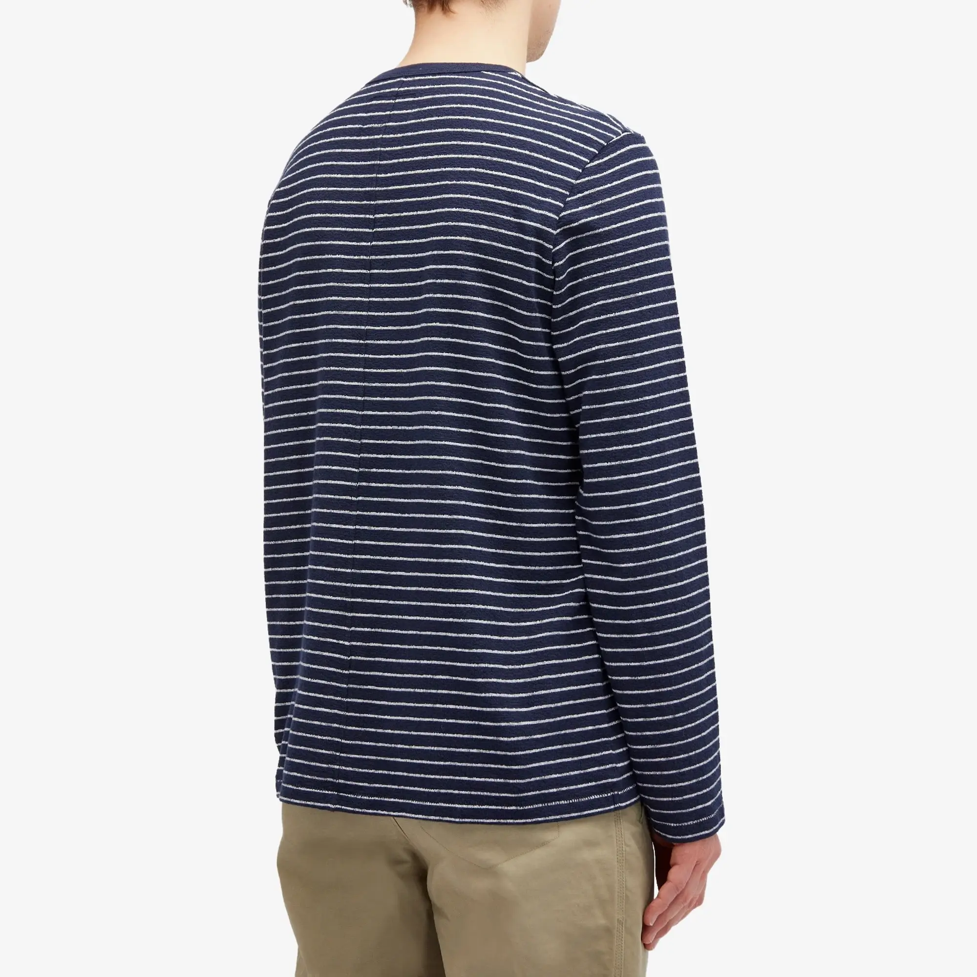 Folk Men's Long Sleeve Textured Stripe T-Shirt Navy/Silver