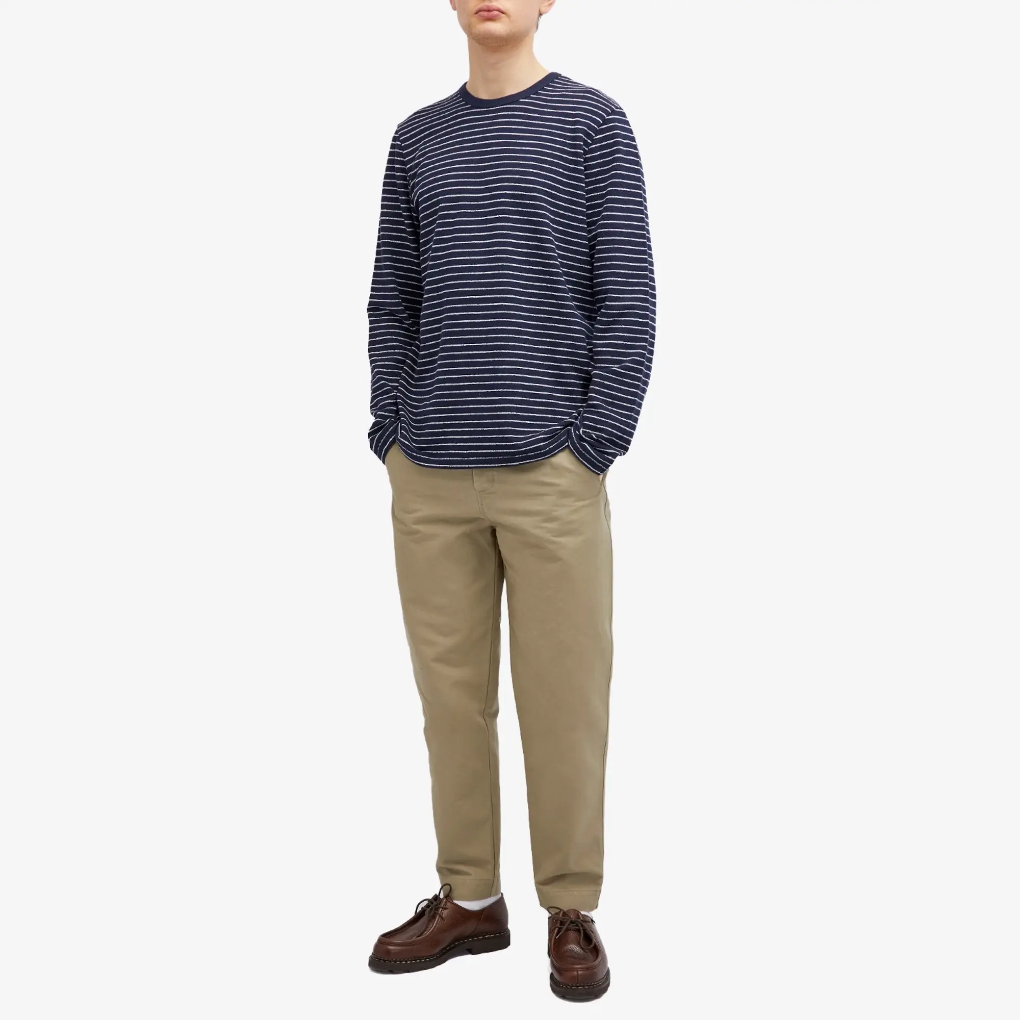 Folk Men's Long Sleeve Textured Stripe T-Shirt Navy/Silver
