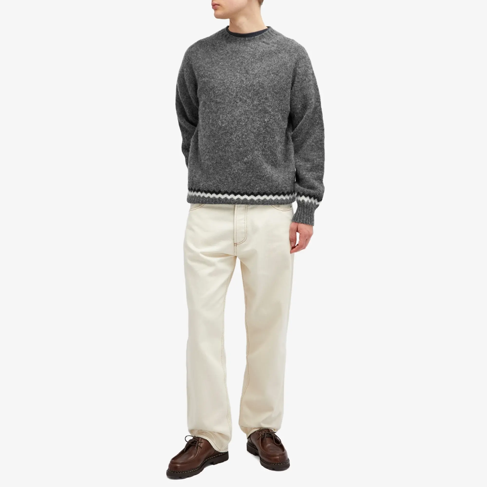 YMC Men's Suedehead Zig Zag Knit Jumper Grey