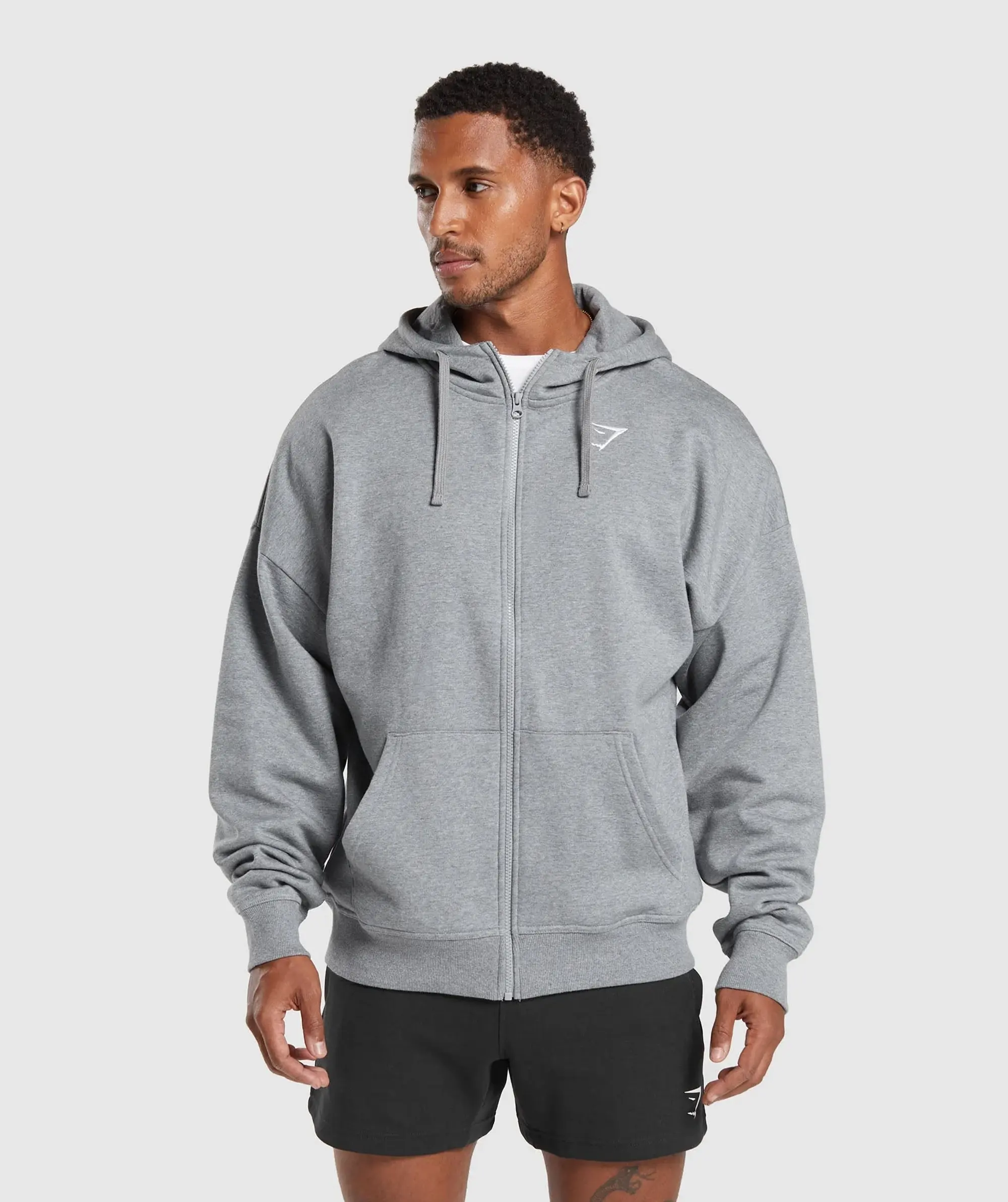 Gymshark Crest Oversized Zip Up Hoodie Charcoal Grey Marl 5063167511784 FOOTY.COM