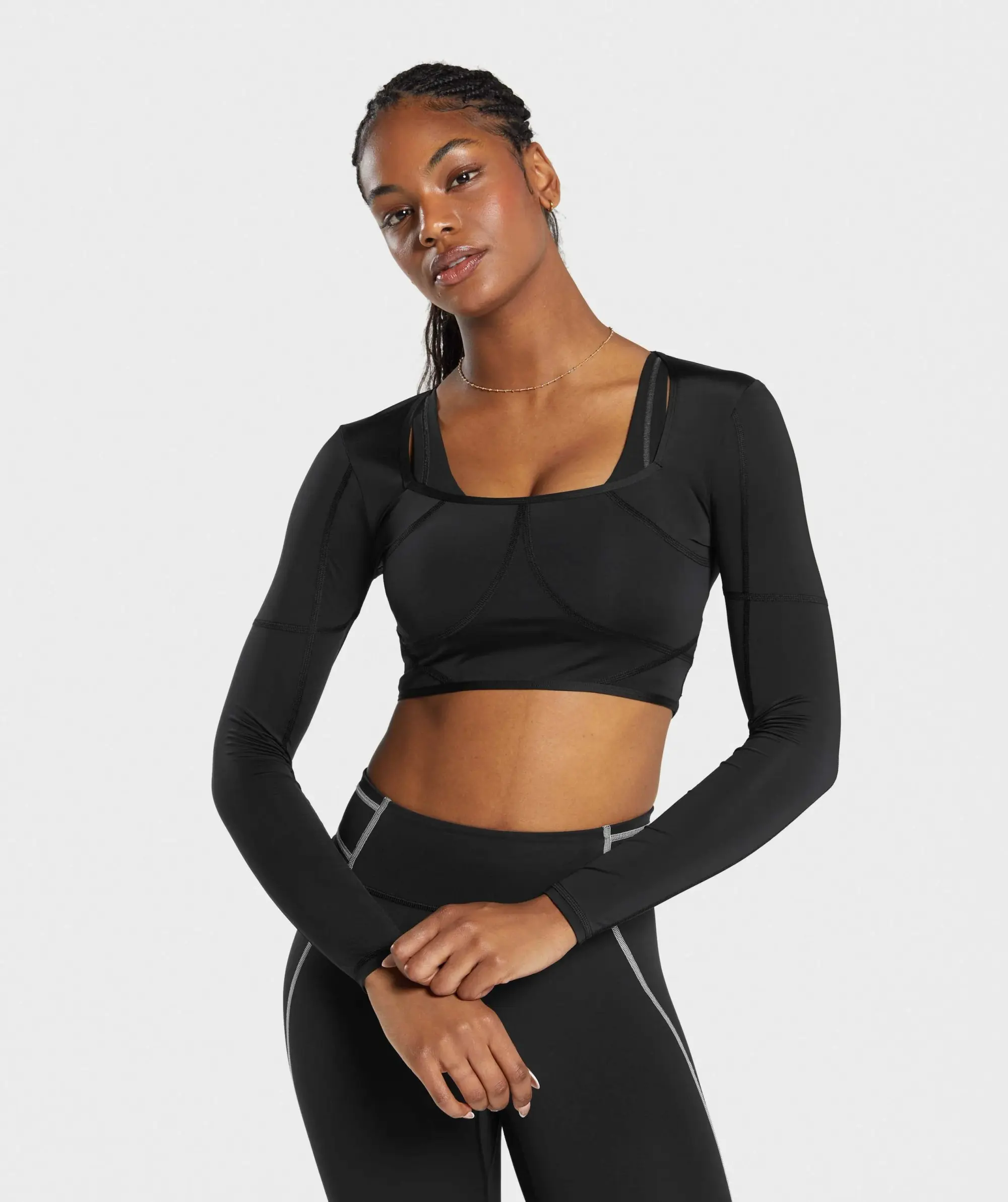 Gymshark Stitch Feature Long Sleeve Crop Top - Black/Stock Black Marl