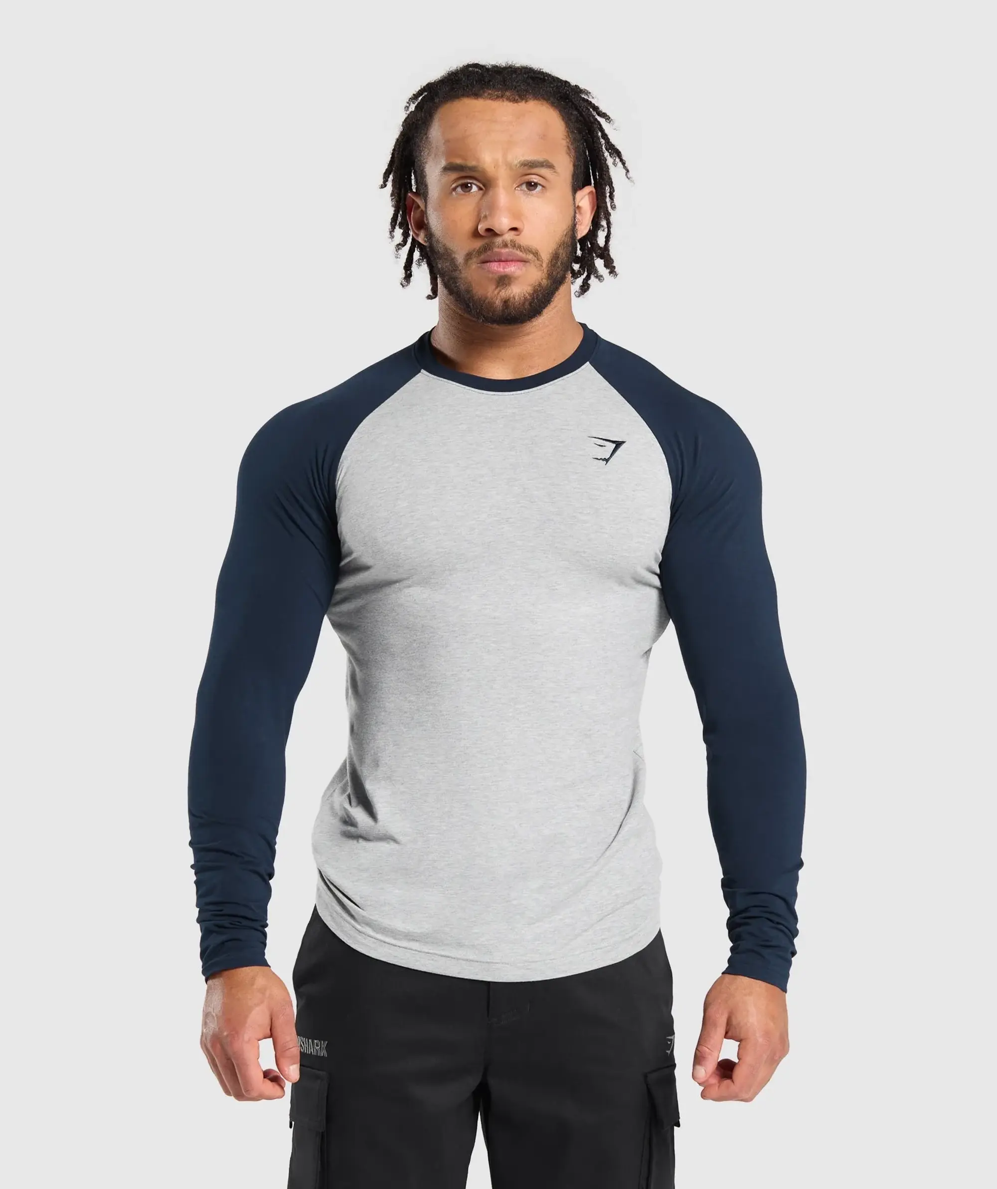 Gymshark Raglan Long Sleeve T-Shirt - Light Grey Core Marl/Navy