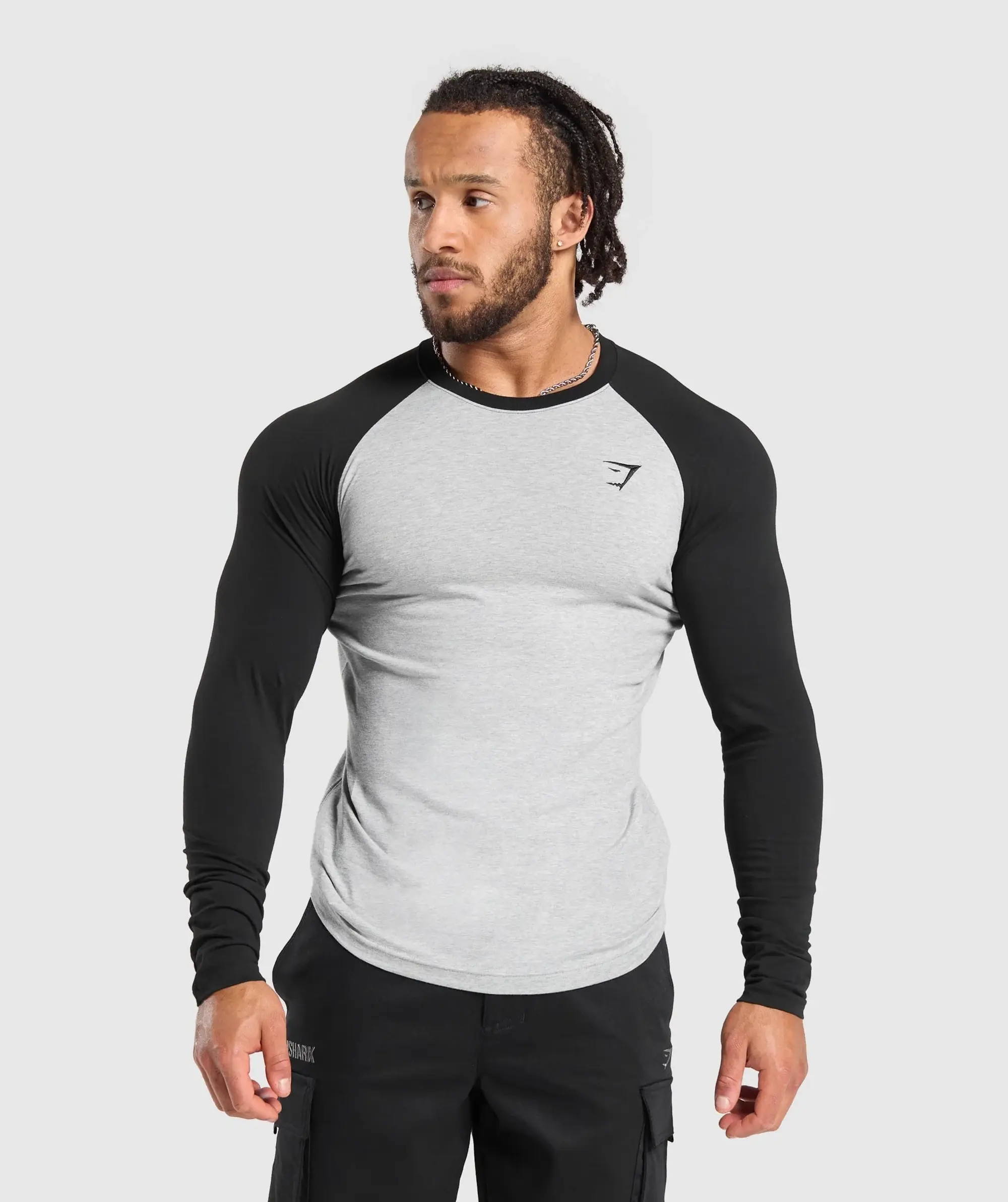 Gymshark Raglan Long Sleeve T-Shirt - Light Grey Core Marl/Black