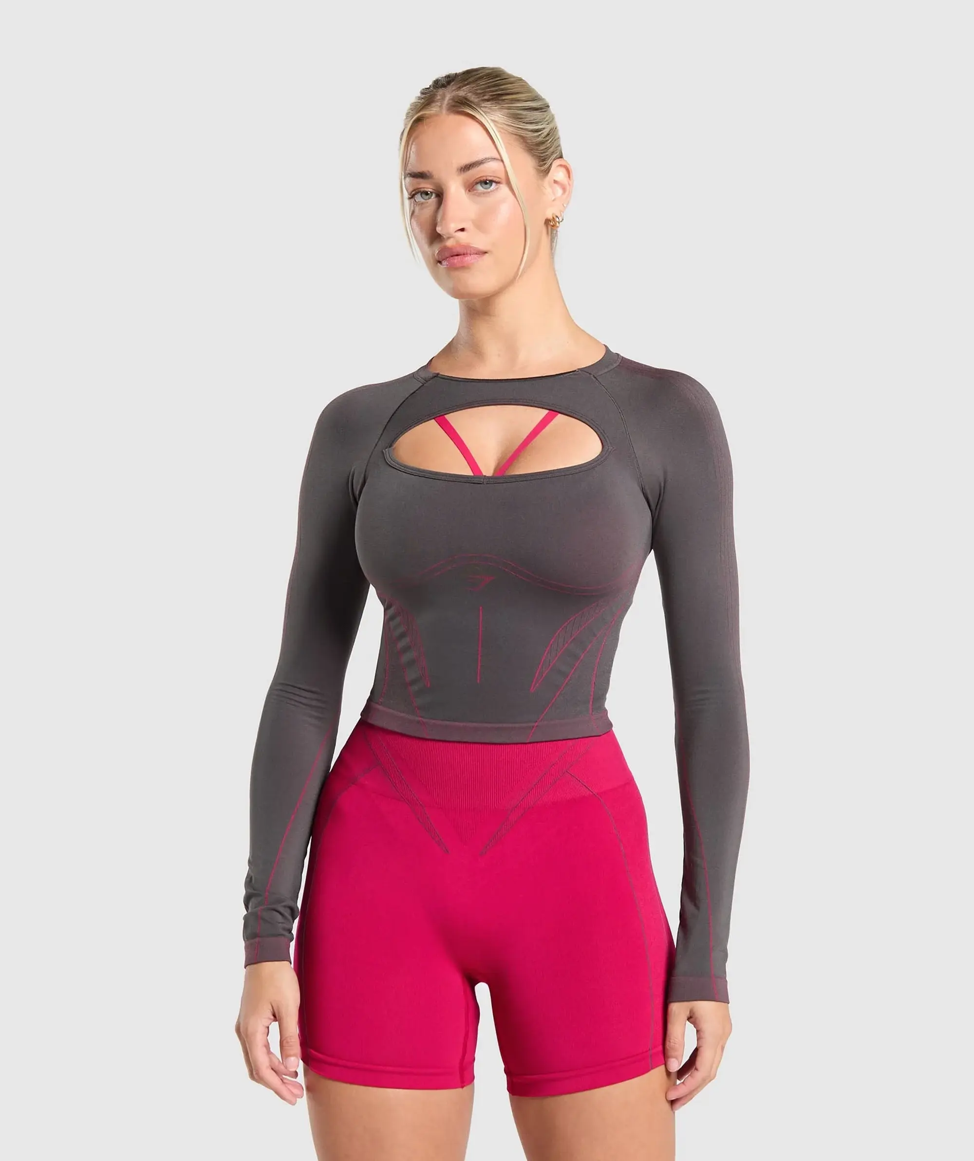 Gymshark Apex Contrast Long Sleeve Top - Asphalt Grey/Build Pink