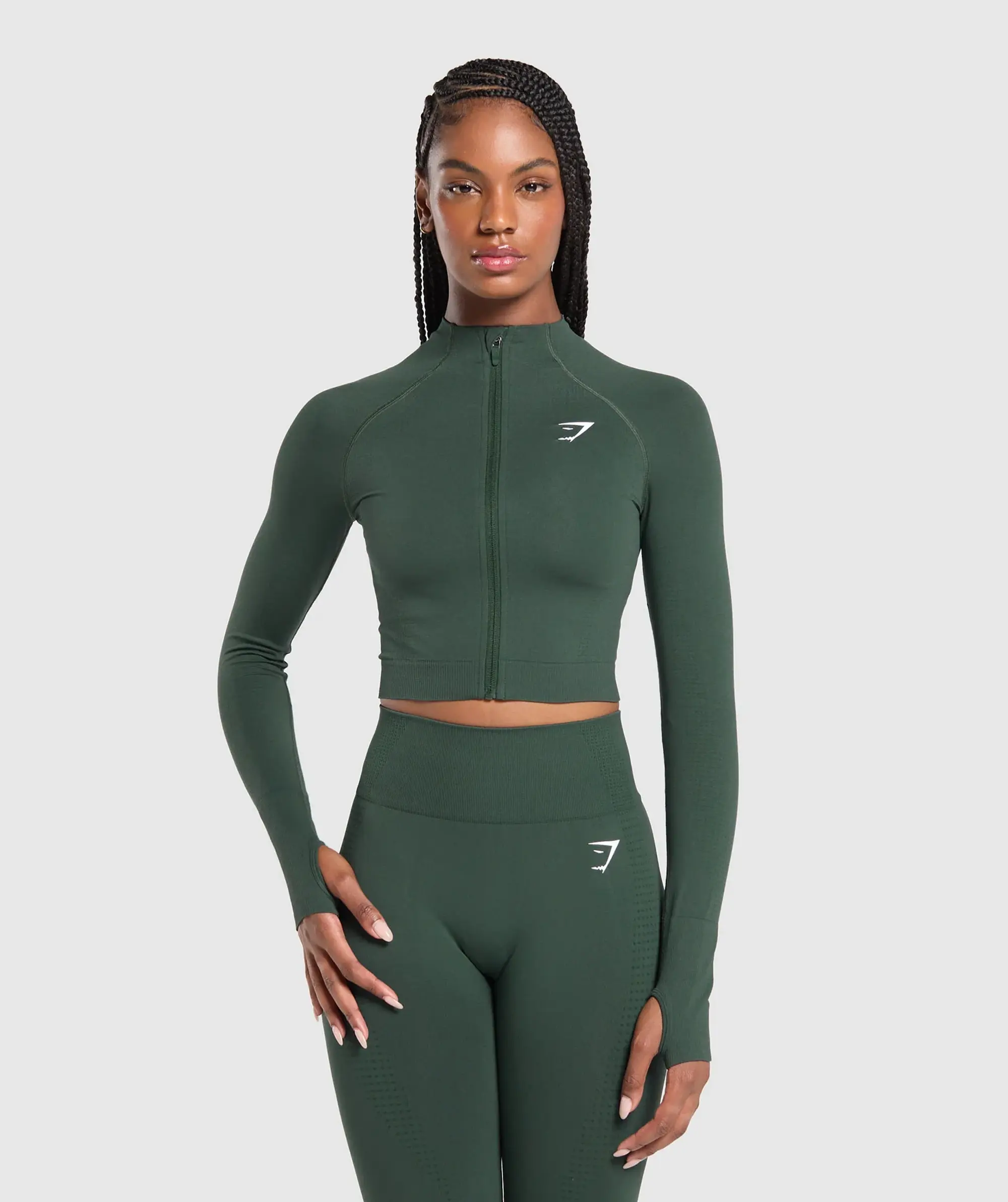 Gymshark Vital Seamless 2.0 Midi Zip Up Jacket - Woodland Green Marl