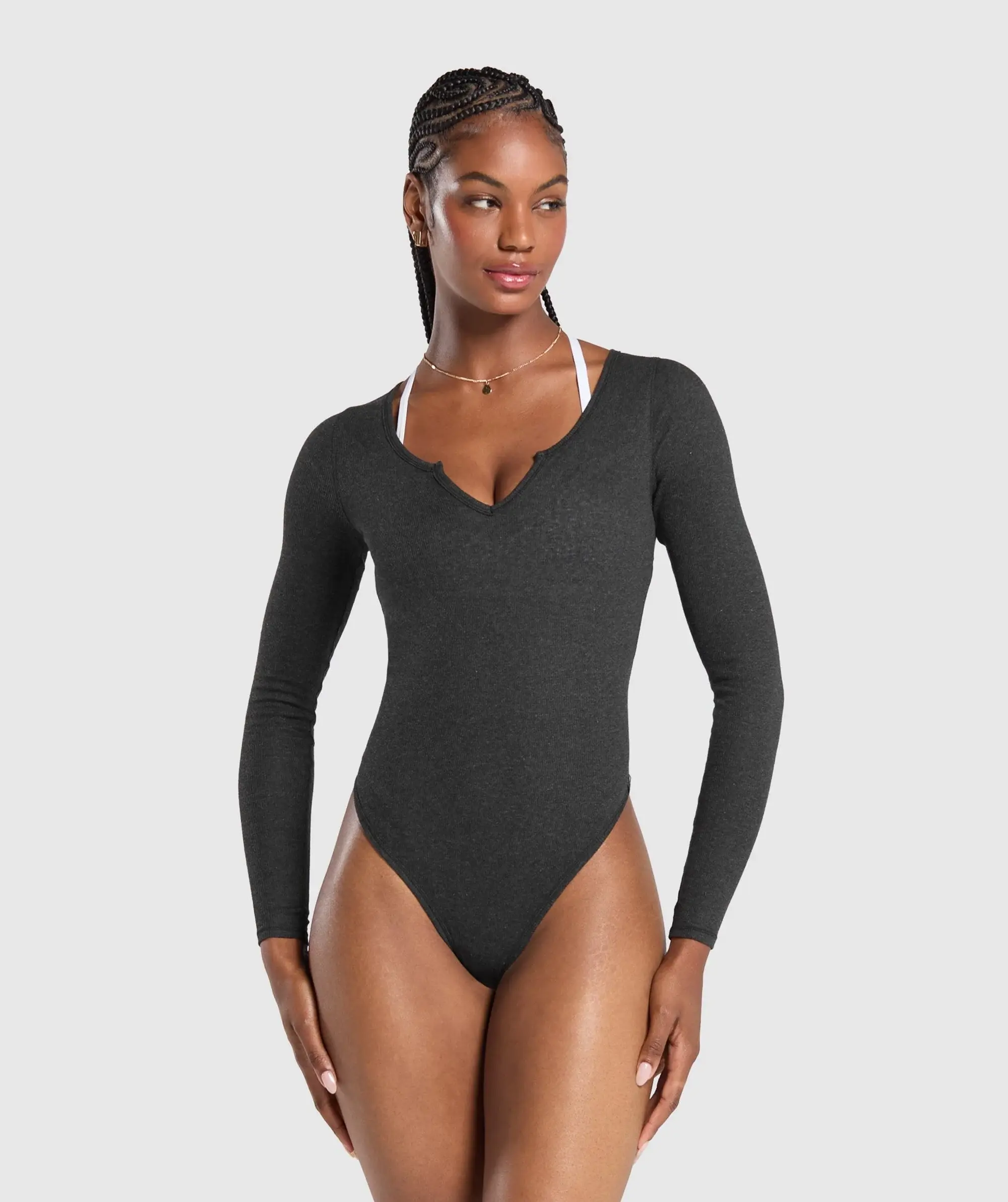 Gymshark Ribbed Cotton Long Sleeve Bodysuit - Black Marl