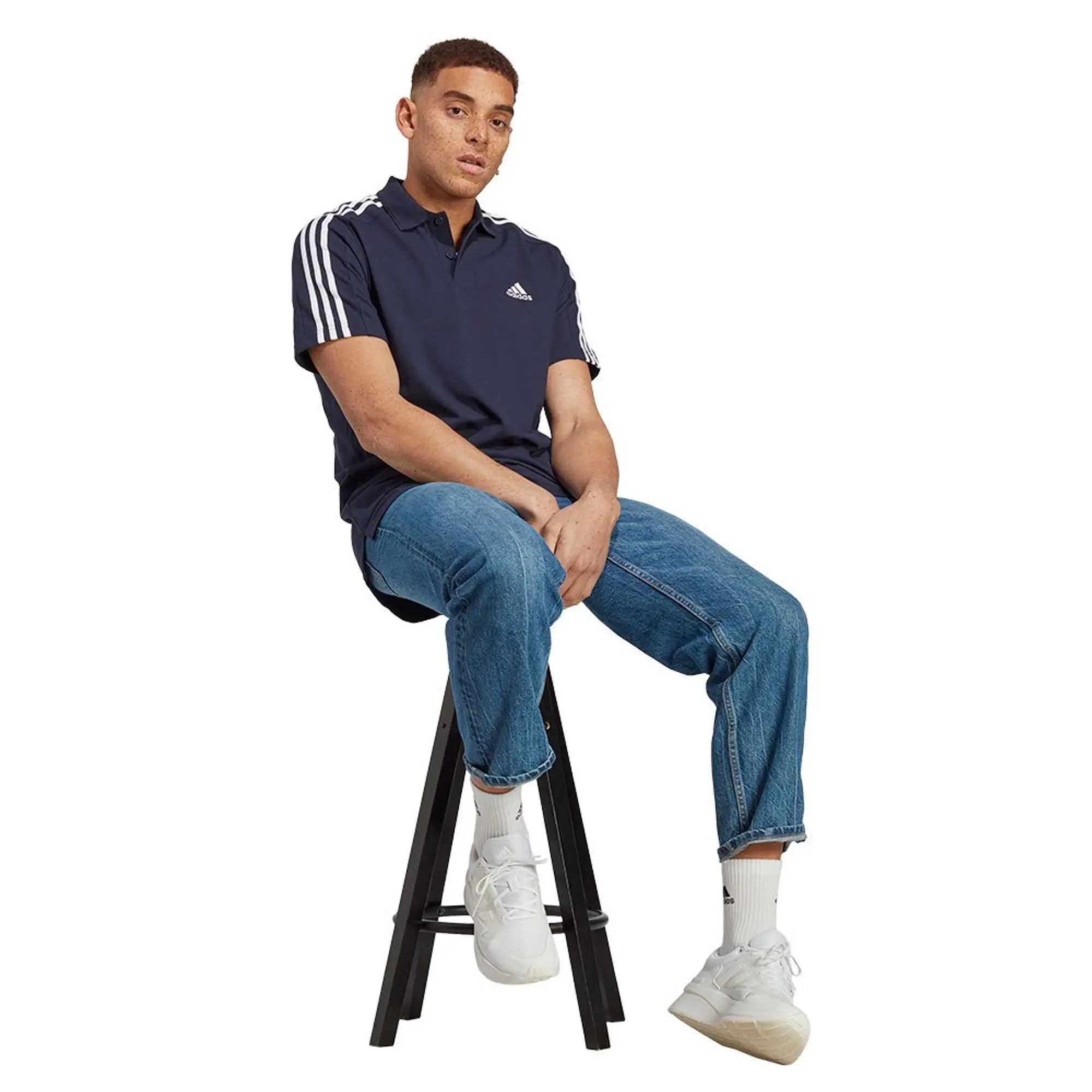 Manchester United x adidas Mens Essentials Pique 3-Stripes Polo Shirt Navy