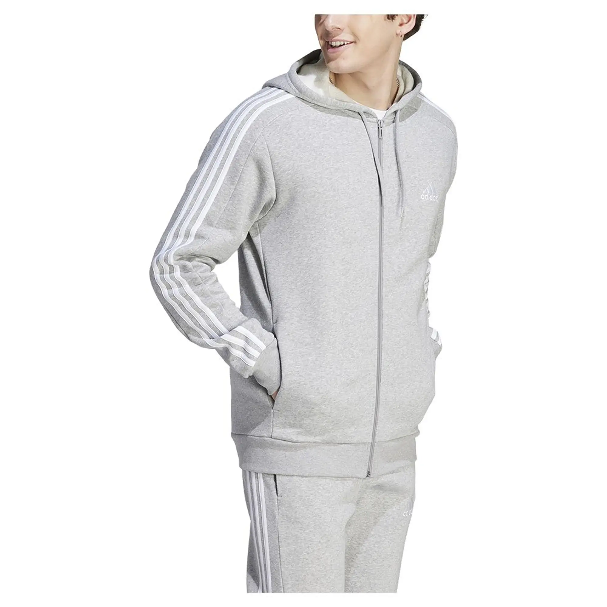 Manchester United adidas Essentials Fleece 3-Stripes Full-Zip Hoodie - Medium Grey Heather - Mens