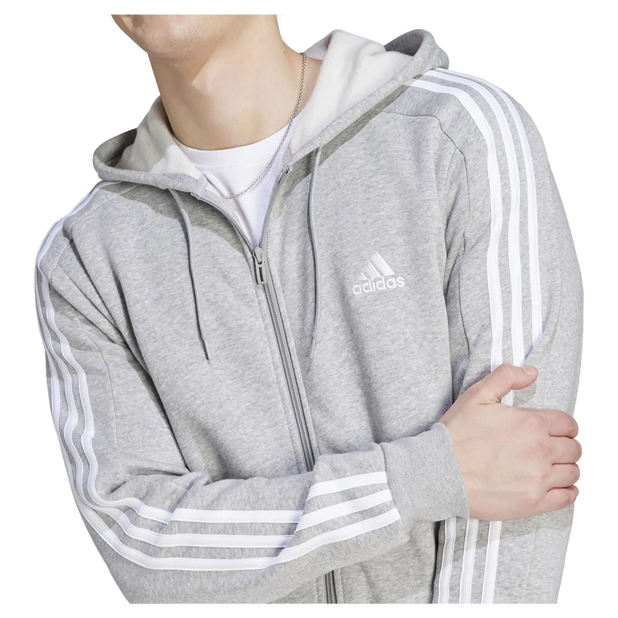Manchester United adidas Essentials Fleece 3-Stripes Full-Zip Hoodie - Medium Grey Heather - Mens