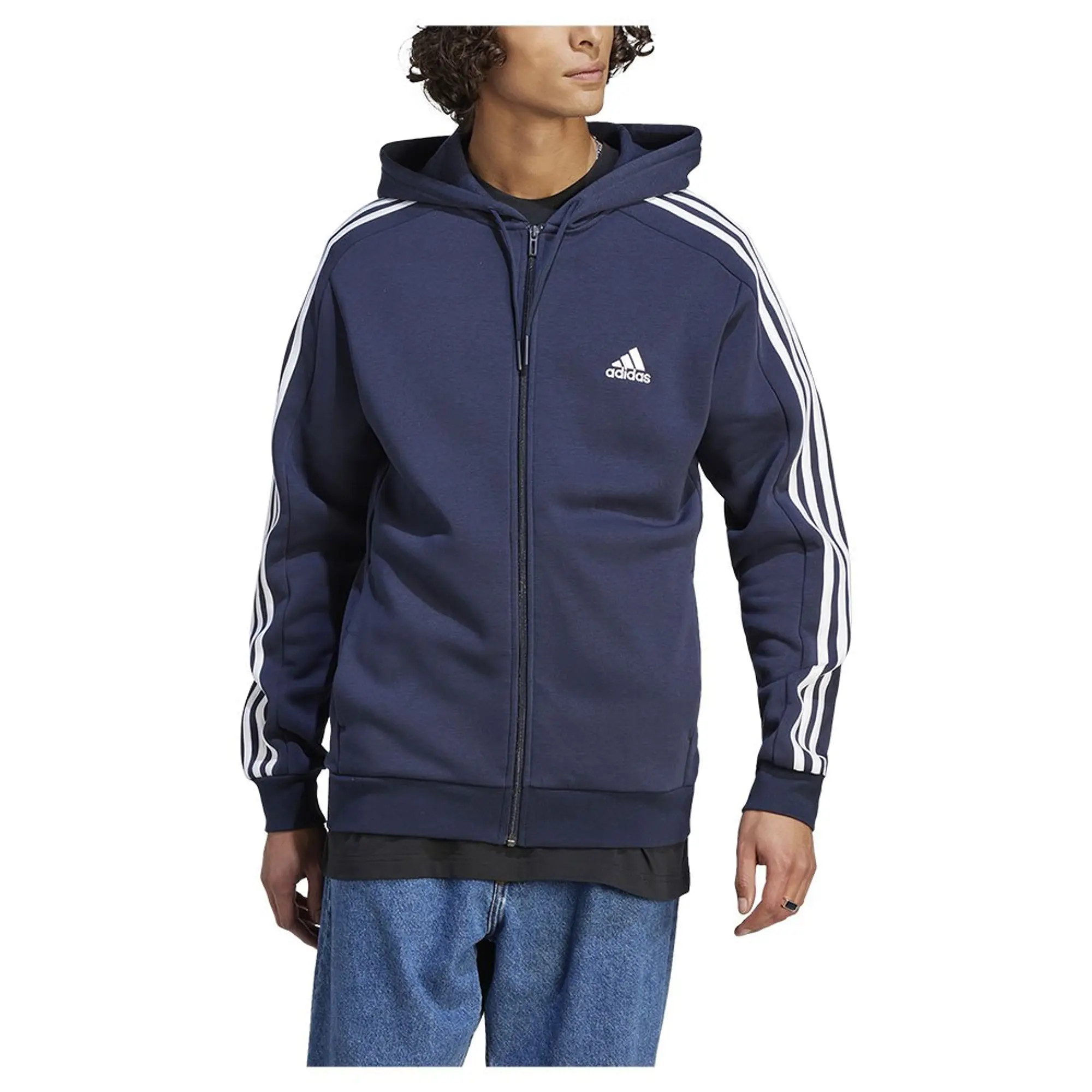 Manchester United x adidas Mens Essentials Fleece 3-Stripes Full-Zip Hoodie Navy