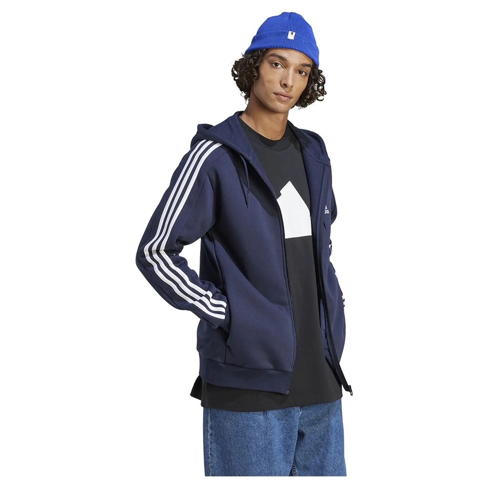 Manchester United x adidas Mens Essentials Fleece 3-Stripes Full-Zip Hoodie Navy