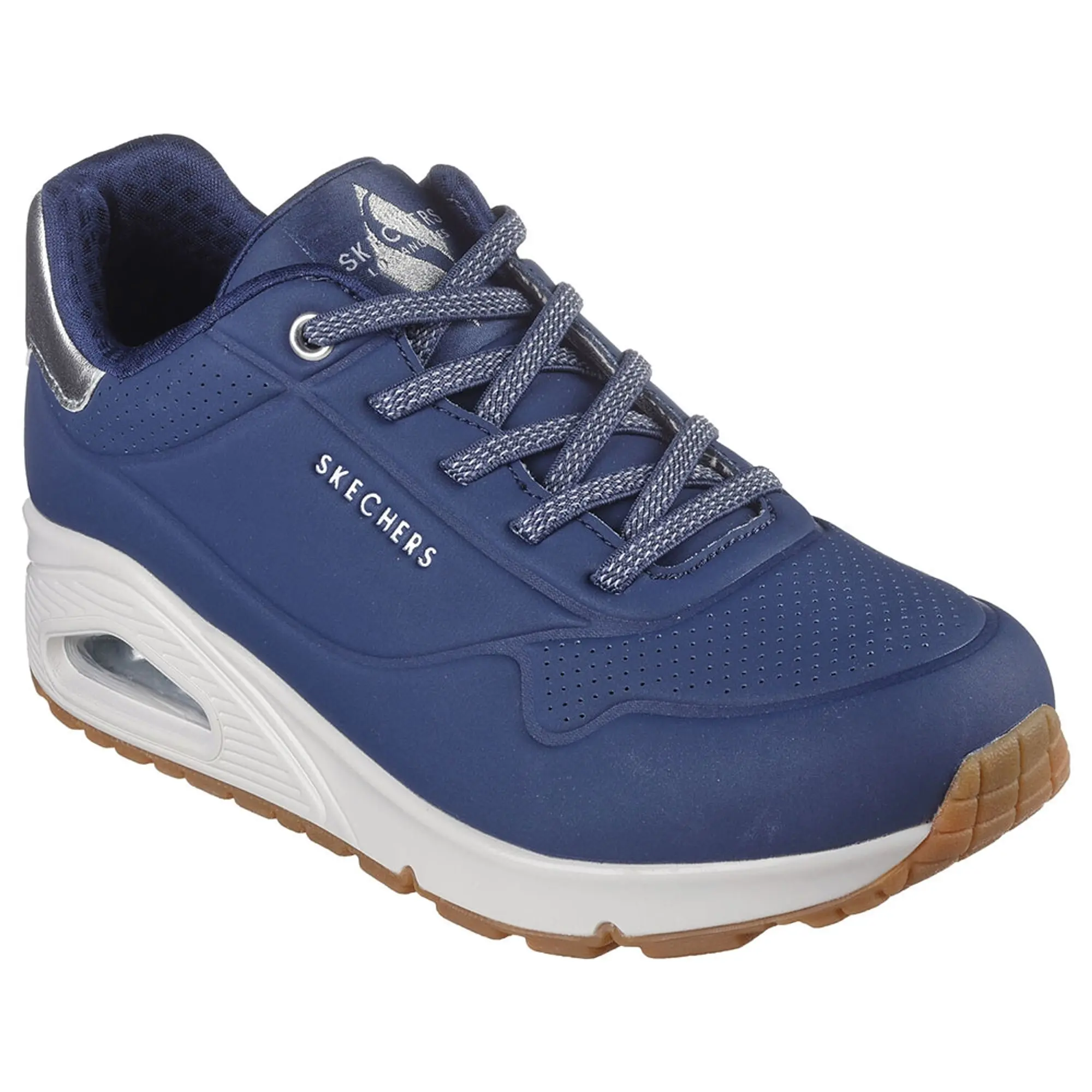 Skechers Women's Uno - Shimmer Away Sneaker in Navy Blue/Silver
