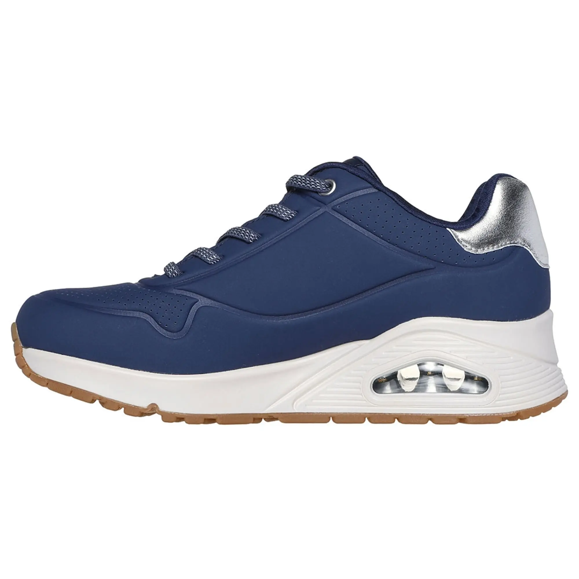 Skechers Women's Uno - Shimmer Away Sneaker in Navy Blue/Silver