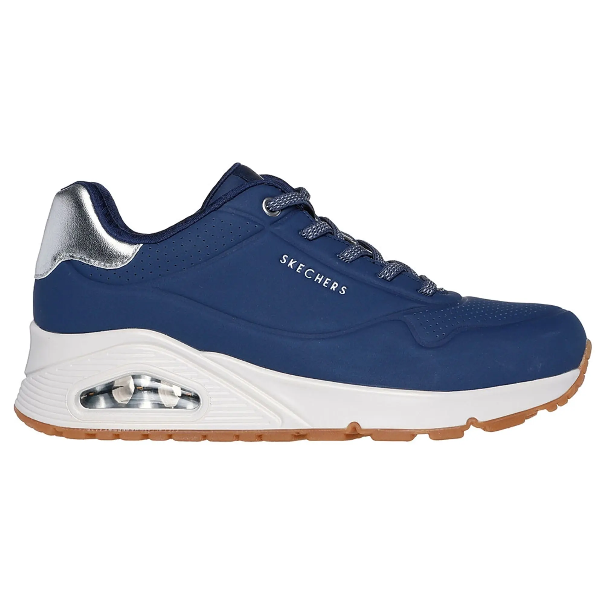 Skechers Women's Uno - Shimmer Away Sneaker in Navy Blue/Silver