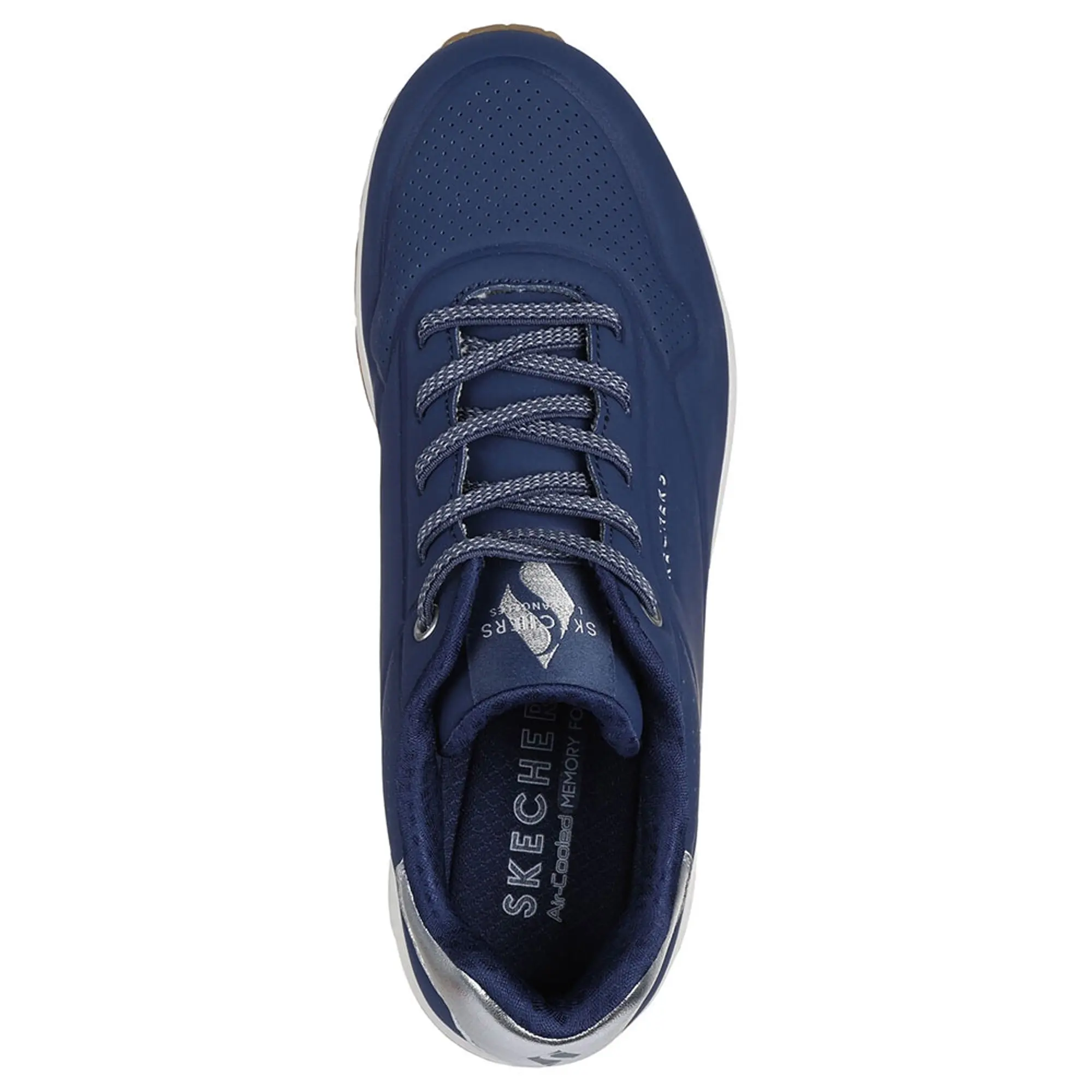 Skechers Women's Uno - Shimmer Away Sneaker in Navy Blue/Silver