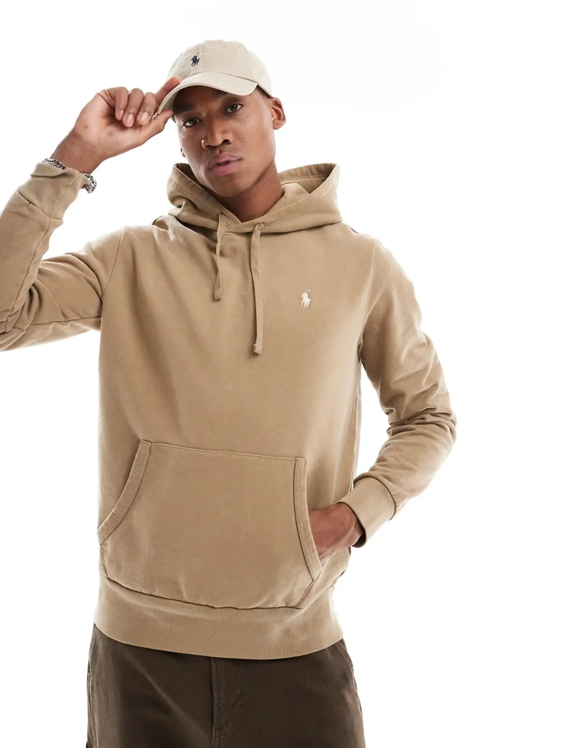 Polo Ralph Lauren Icon Logo Loopback Terry Hoodie In Khaki Tan-Brown