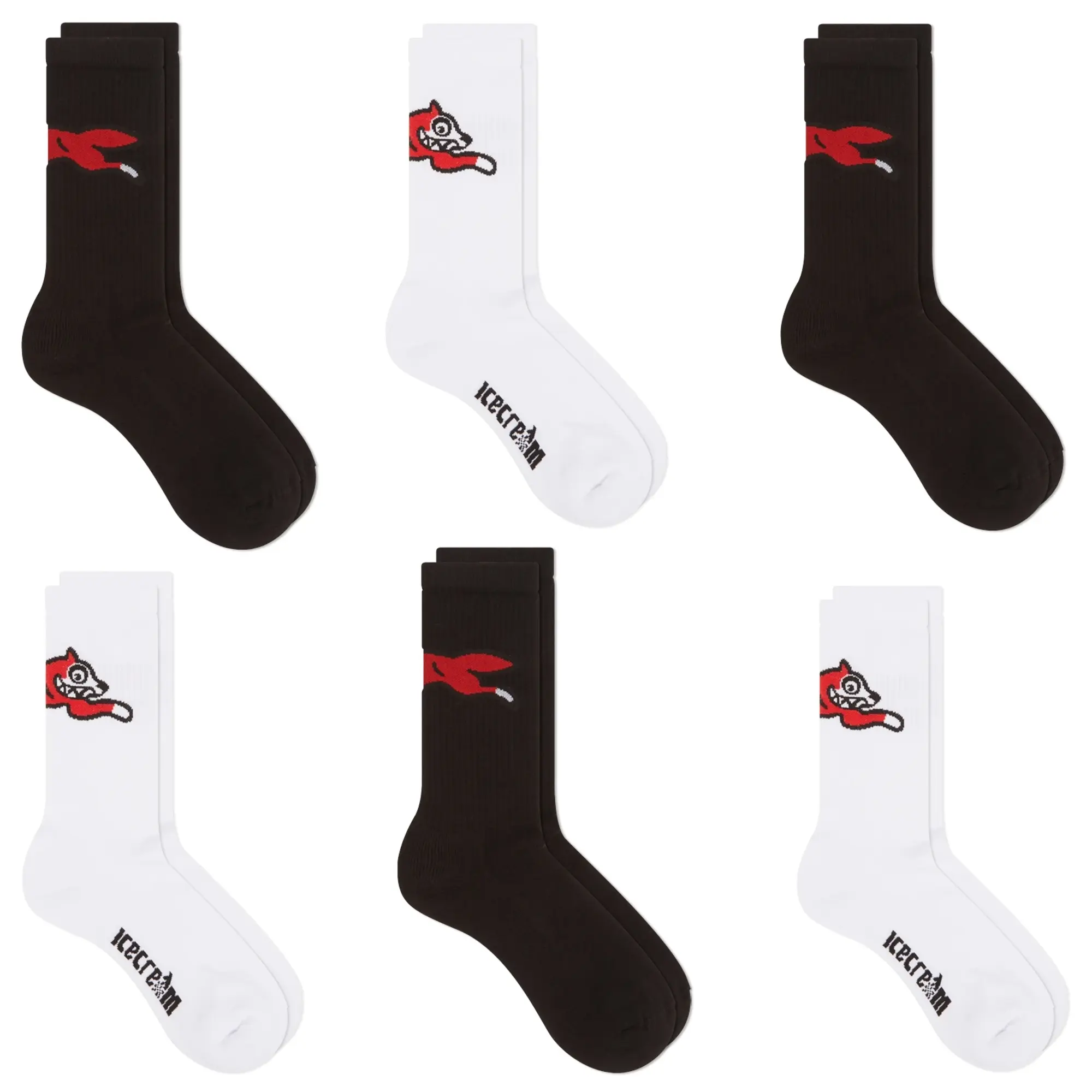 Asics ICECREAM Men's 6 Pack Running Dog Socks Black And White