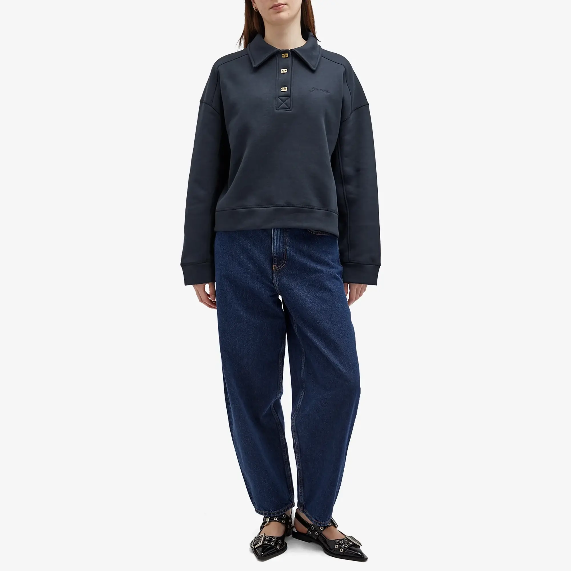 GANNI Women's Heavy Fleece Drop Shoulder Polo Sky Captain