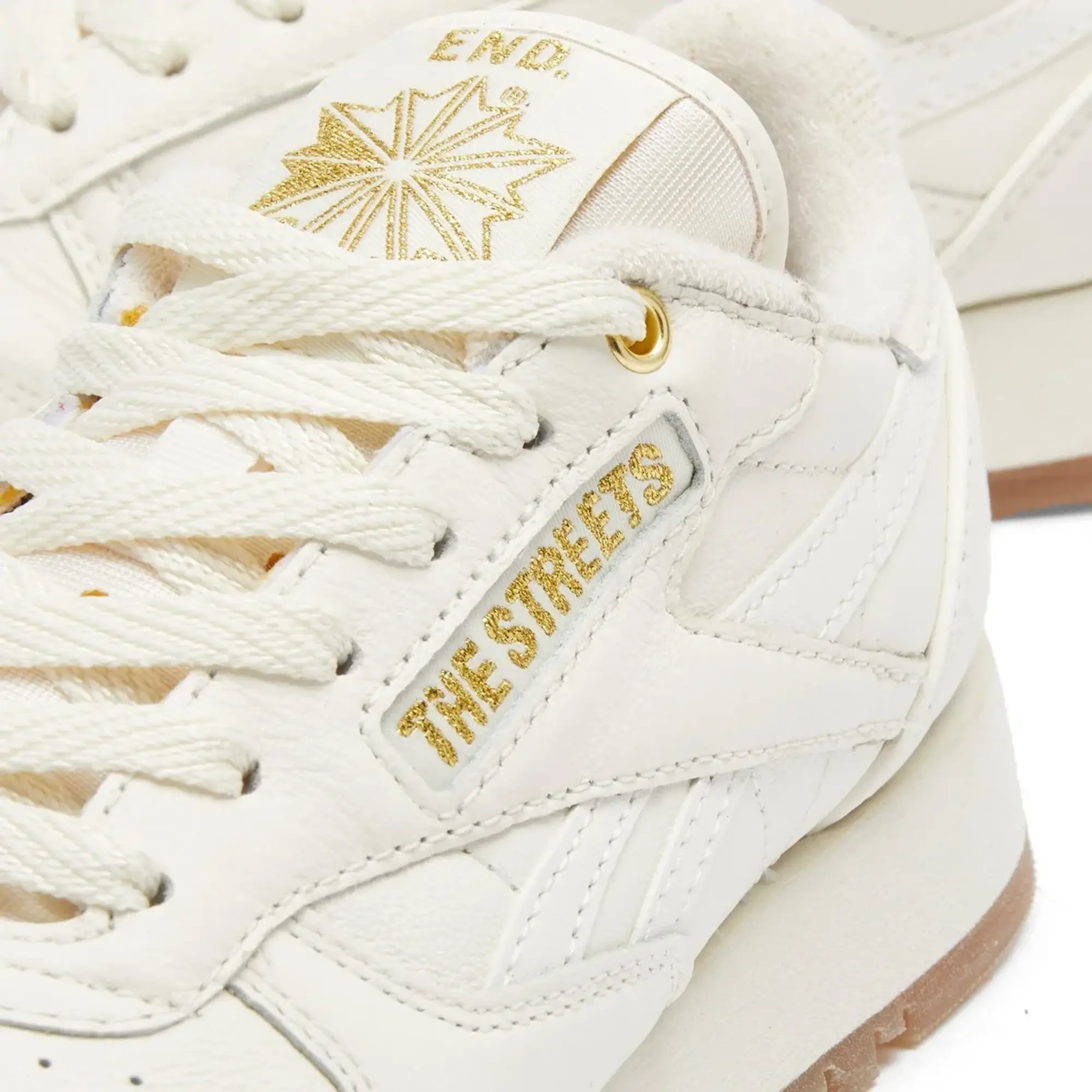 Reebok x The Streets by END. Classic Leather Chalk/Black/Gold Metallic