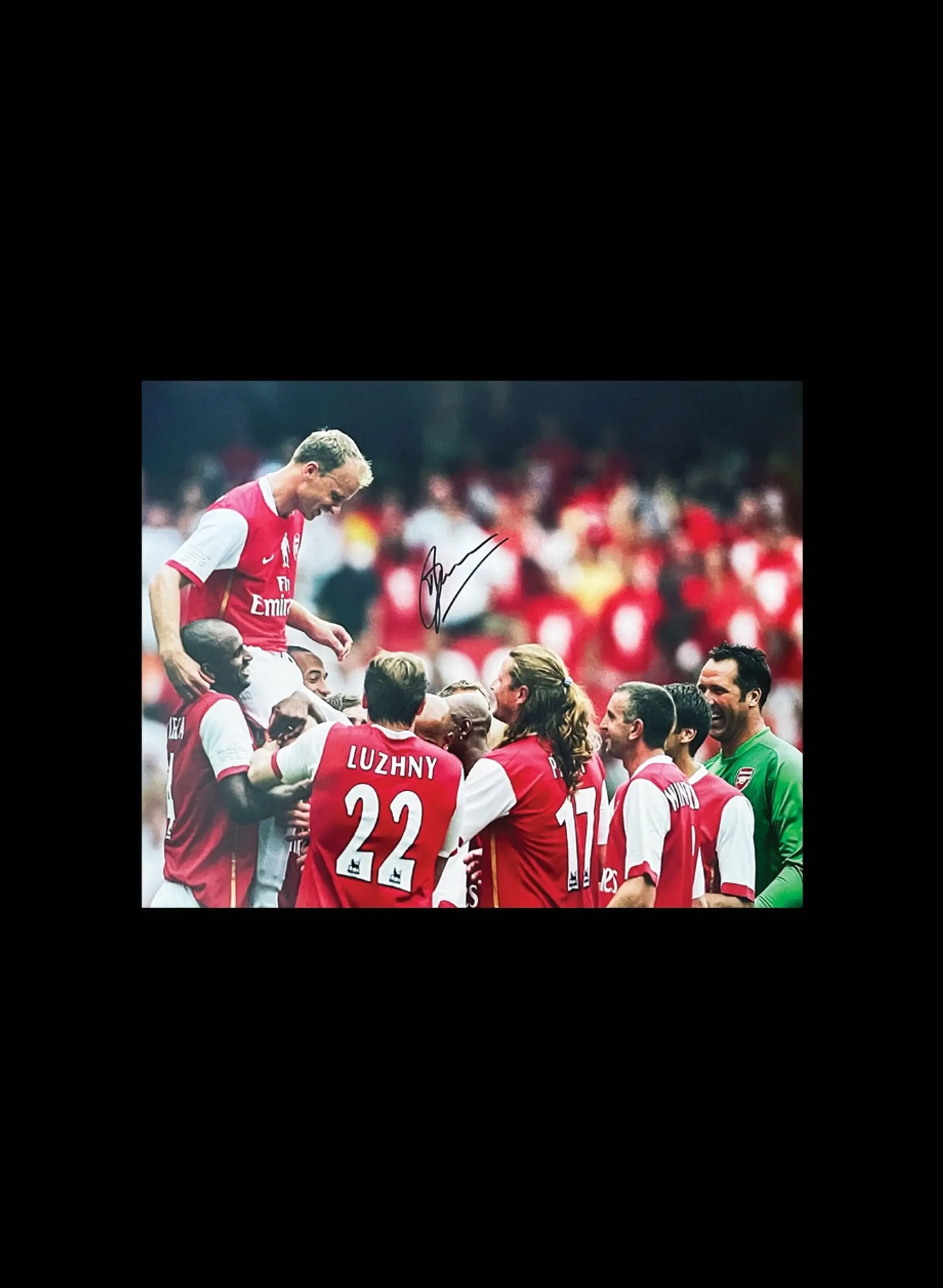 Champion Dennis Bergkamp Signed 16x20 Arsenal testimonial photo
