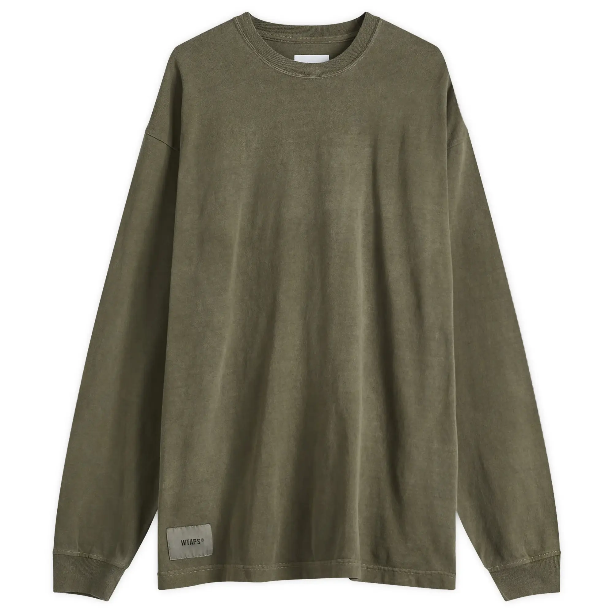 WTAPS Men's 09 Garment Dyed Long Sleeve Back Logo T-Shirt Olive Drab