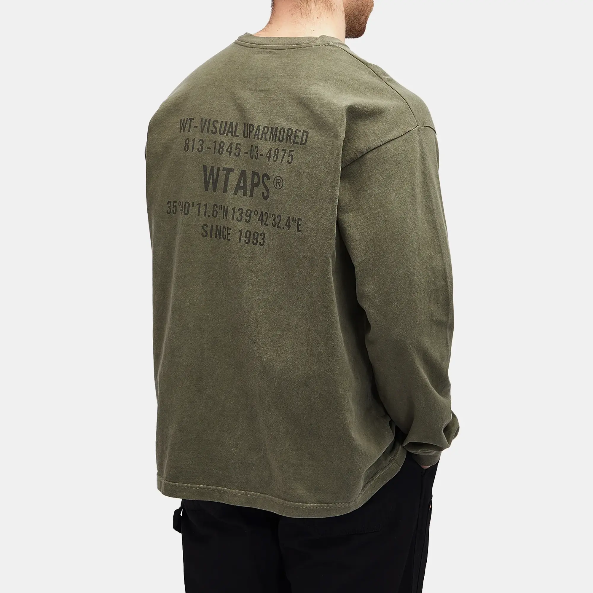 WTAPS Men's 09 Garment Dyed Long Sleeve Back Logo T-Shirt Olive Drab