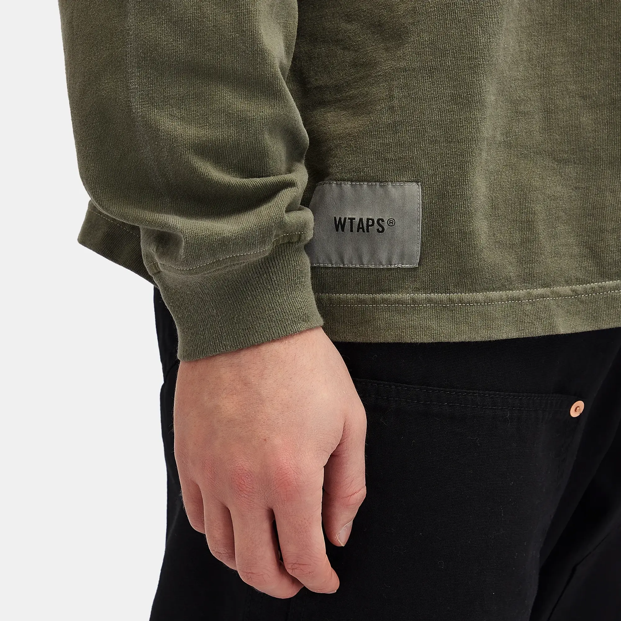 WTAPS Men's 09 Garment Dyed Long Sleeve Back Logo T-Shirt Olive Drab